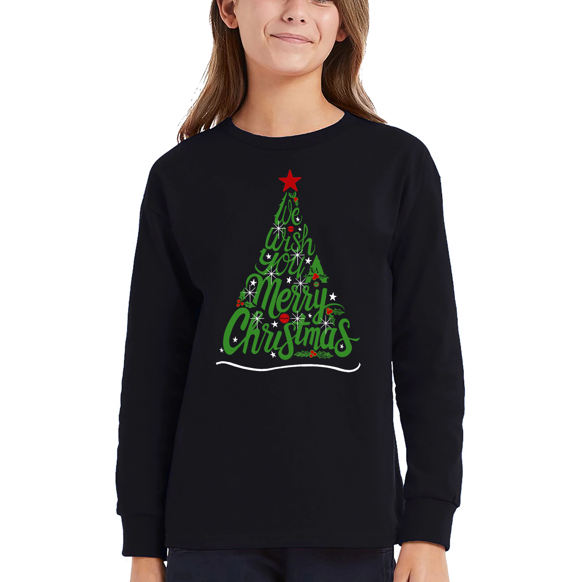 LA Pop Art Girls Long Sleeve Word T-Shirt - We Wish You A Merry Christmas