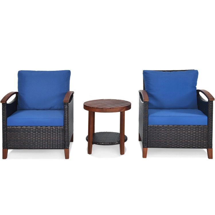Hivvago 3 Pieces Patio Wicker Furniture Set With Washable Cushion And Acacia Wood Tabletop