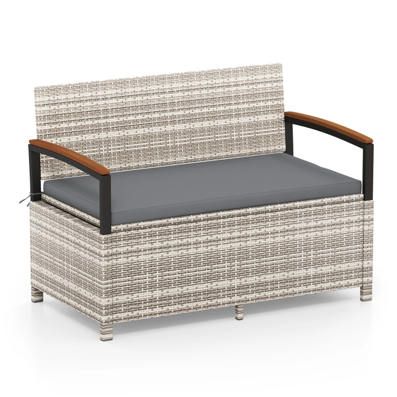 SUGIFT Gas Strut Lid 46-Gallon Acacia Armrests PE Rattan Storage Bench 47-in x 24-in x 33-in 800-lb Capacity Gray