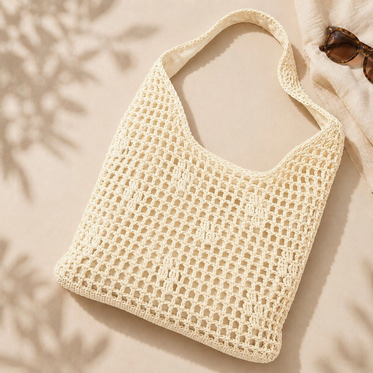 Alilang Women's Open Weave Shoulder Bag with Magnetic Closure and Slouchy Woven Carryall Design, Beige