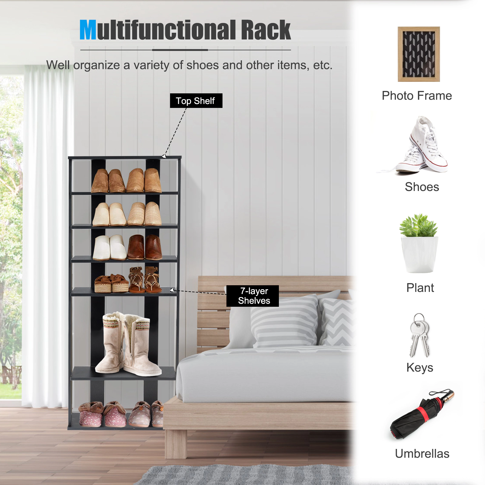 SUGIFT 7-Tier Black Double Row Free Standing Tall Narrow Shoe Rack Organizer for Closet and Entryway