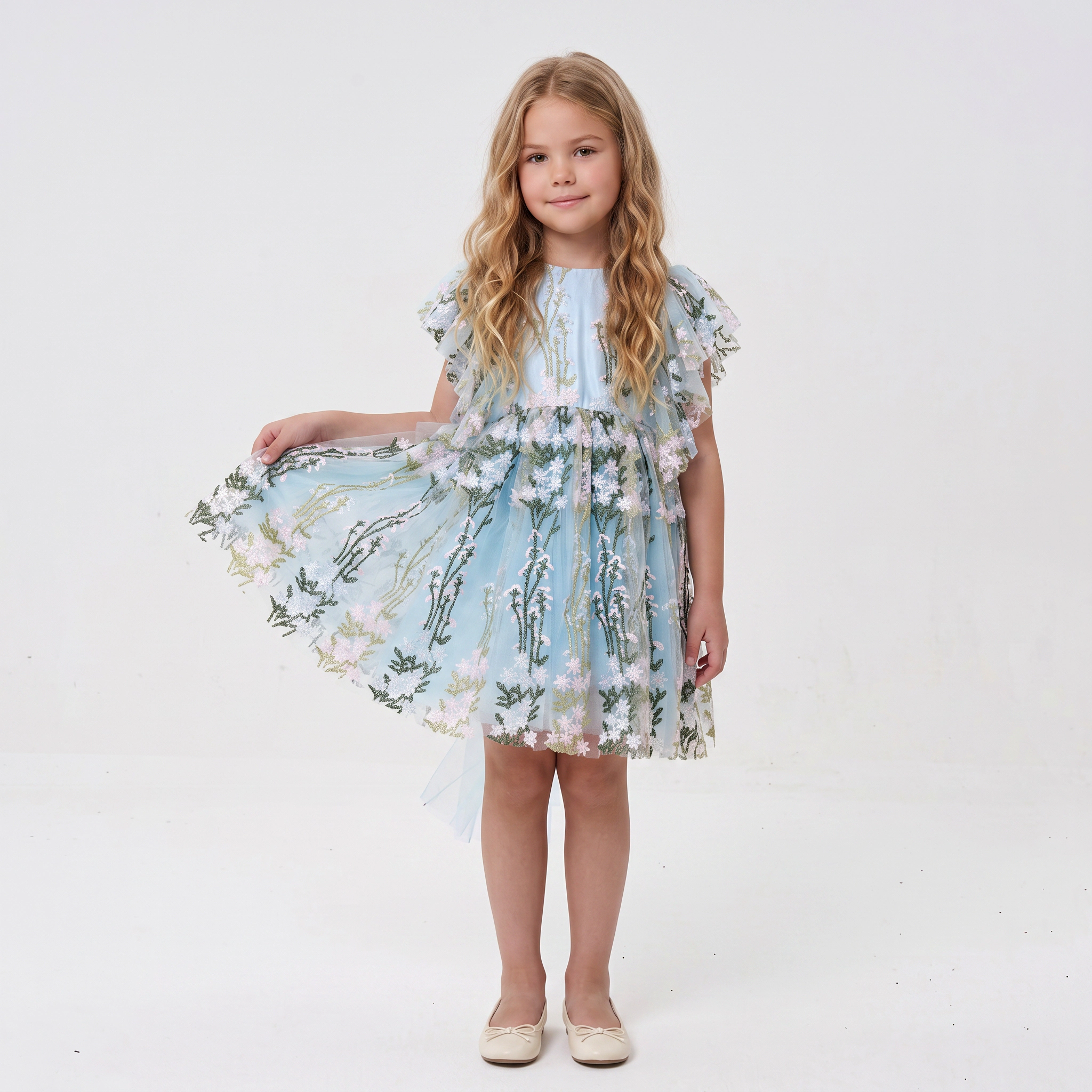 2Bunnies Girls' 2T-6Y Floral Embroidered Tulle Flutter Sleeve Back Bow Dress