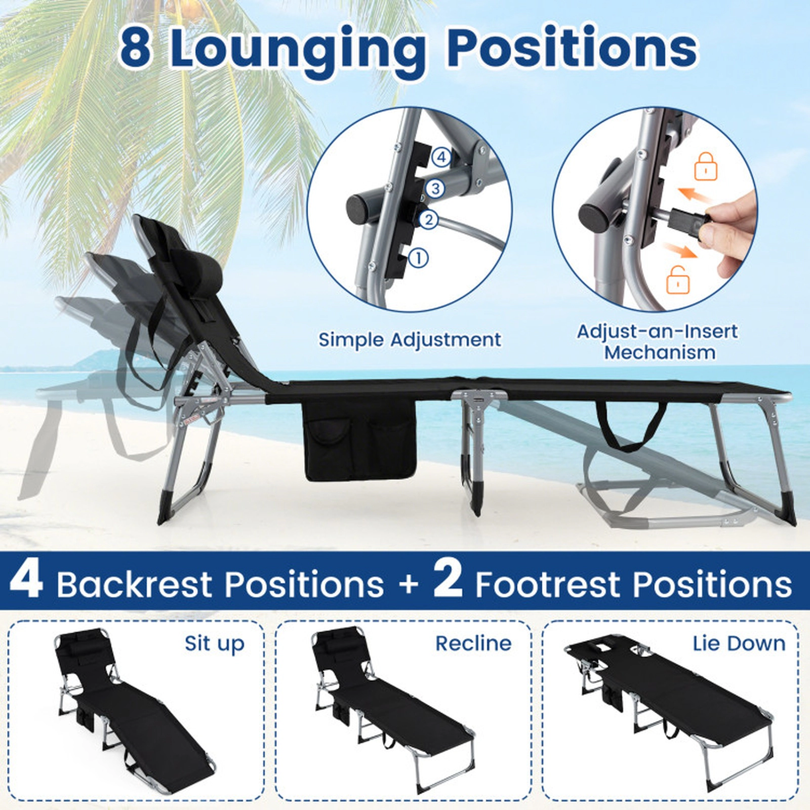 SUGIFT Adjustable Folding Tanning Chair with Face and Arm Holes 330-lb Capacity Black