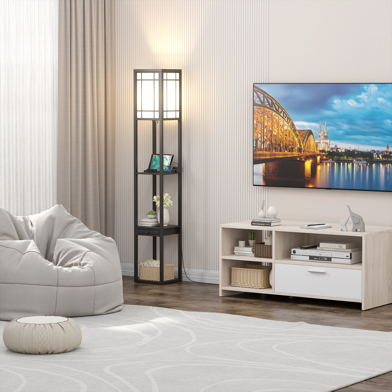Slickblue Shelf Floor Lamp with USB Ports and Outlet 63in Black Storage Lamp with Shelves Drawer