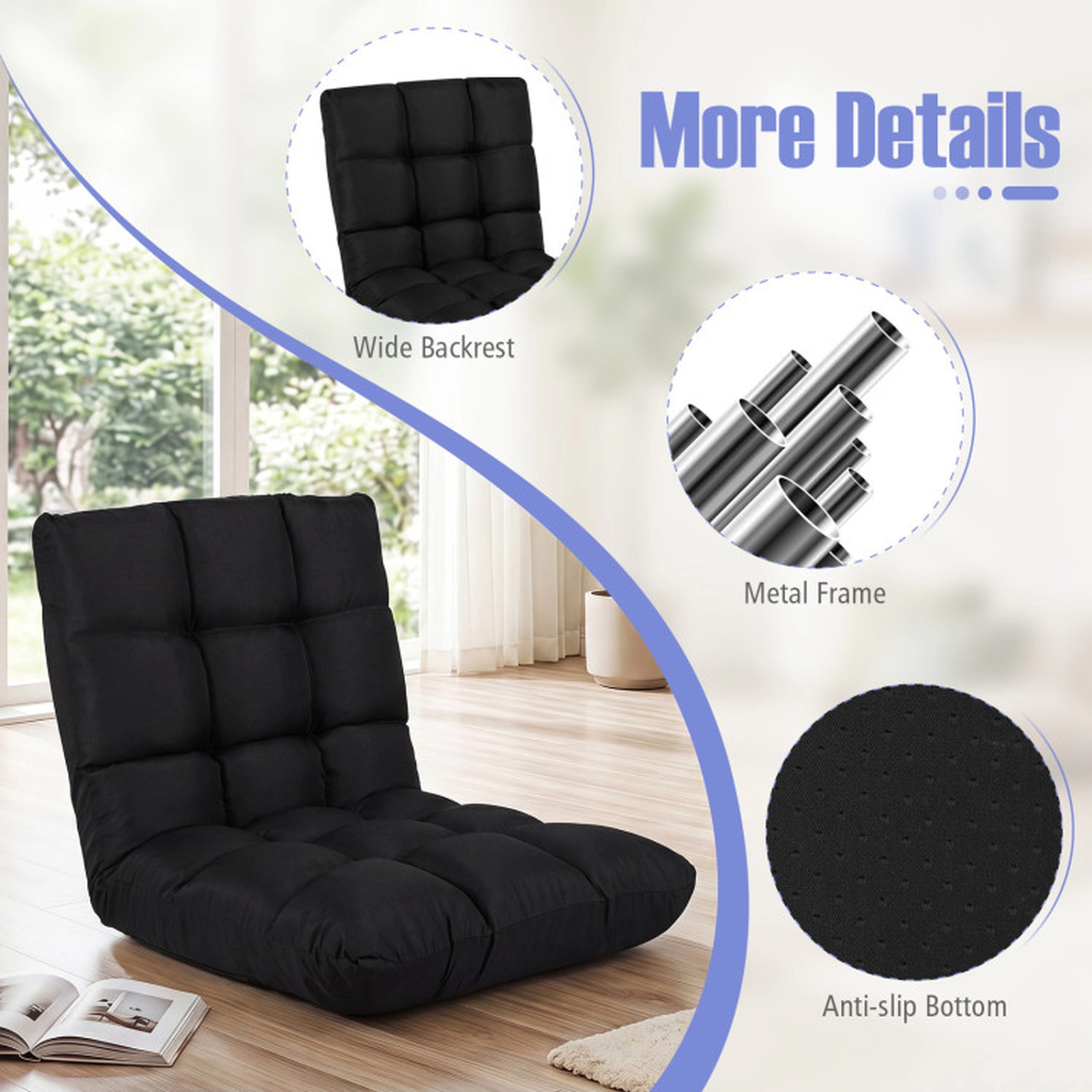 SUGIFT 14-Position 102-180 Degree Cotton Linen Floor Gaming Sofa Chair 42-in x 21-in x 4-in 355-lb Capacity Black