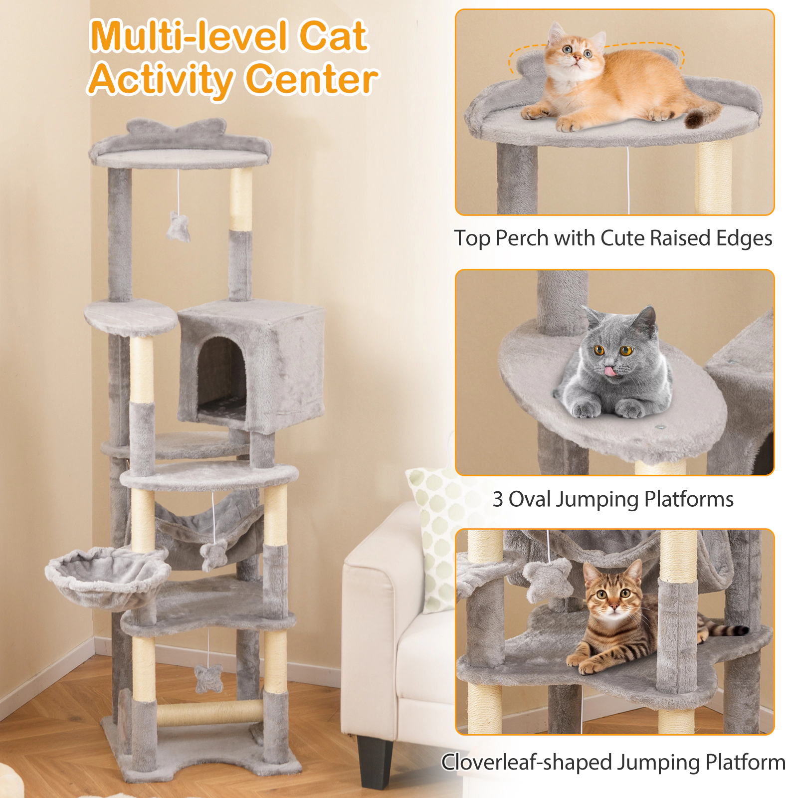 SUGIFT 69-in Multi-level Cat Tree with Top Perch Condo Hammock Basket and Toys 11-lb Capacity Gray + Orange