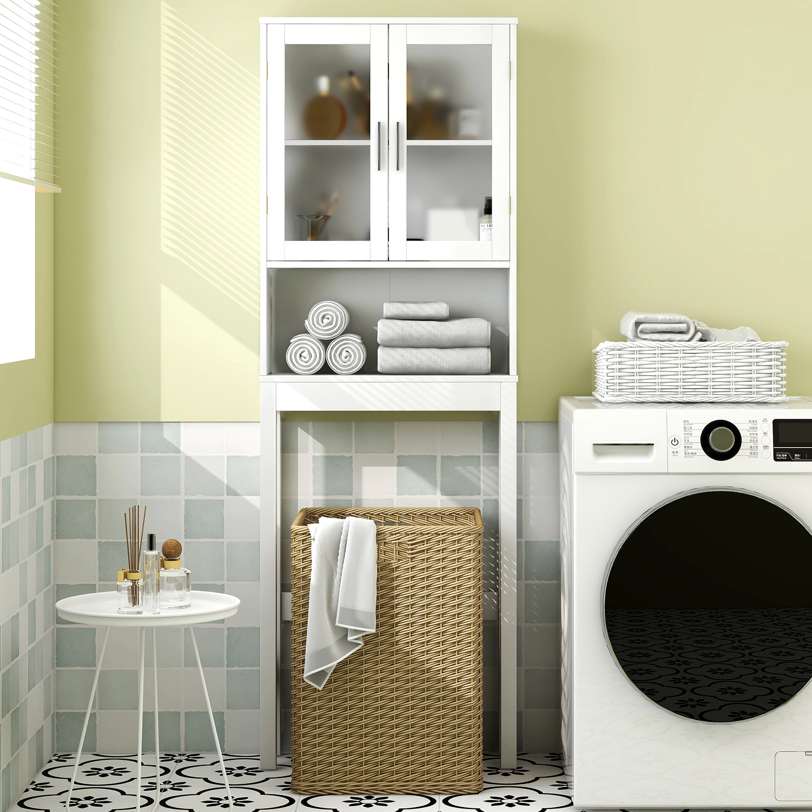 SUGIFT Over the Toilet Storage Cabinet White 67 in with Frosted Glass Doors and Adjustable Shelf