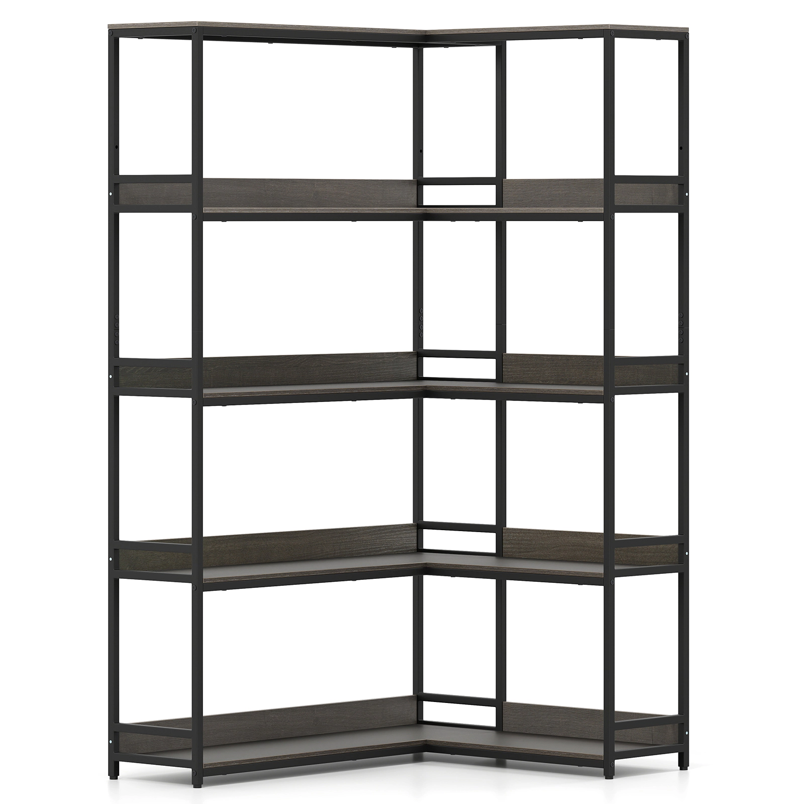 SUGIFT 5-Tier L-Shaped Corner Bookshelf Etagere with Metal Frame 275-lb Capacity Oak Rustic Brown Walnut
