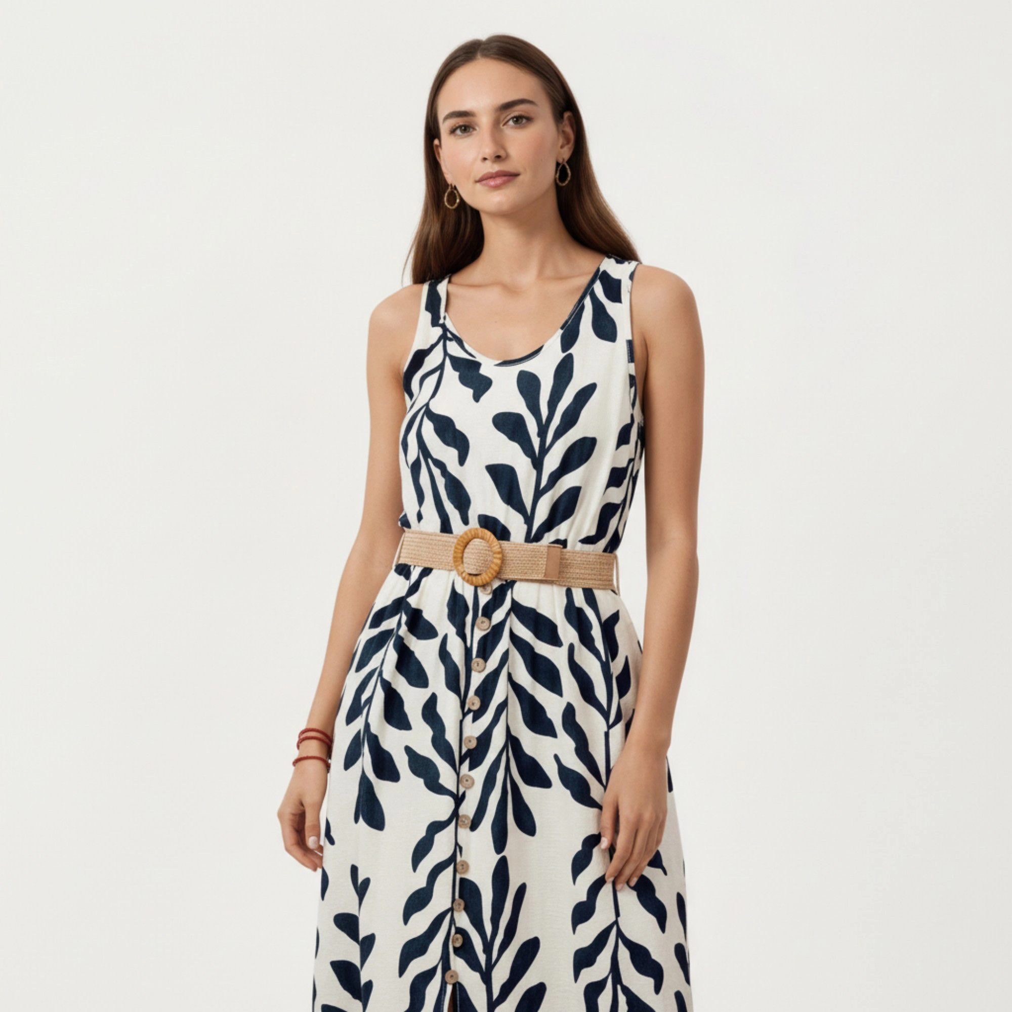 Anna-Kaci Womens Sleeveless Floral Button-Front Maxi Dress with Belt