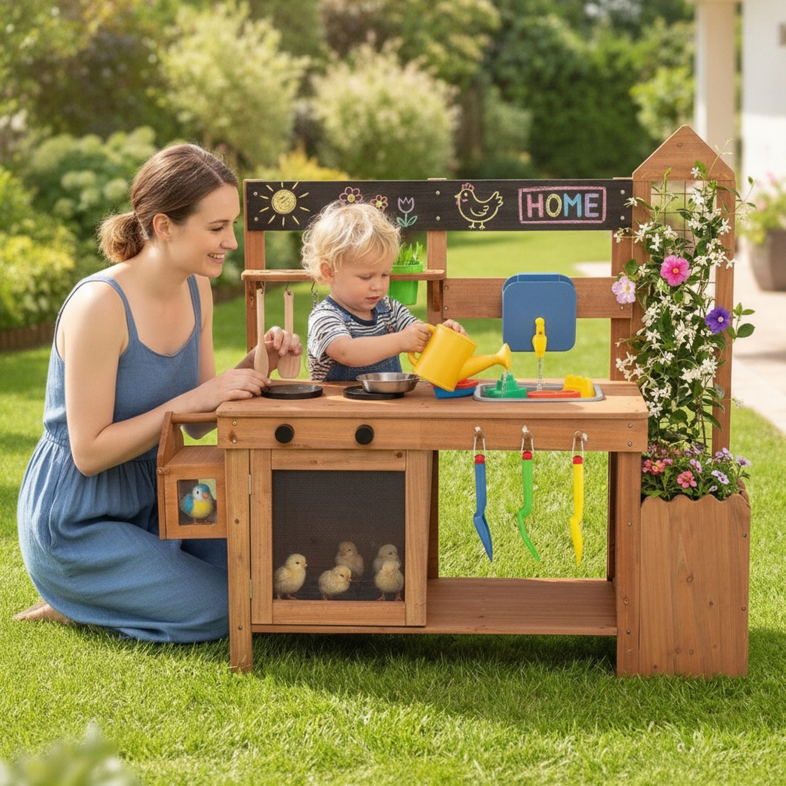 Outdoor Mud Kitchen for Kids with Planter Box Birdcage Chalkboard and Working Faucet 44-in x 16-in x 40-in Fir Wood