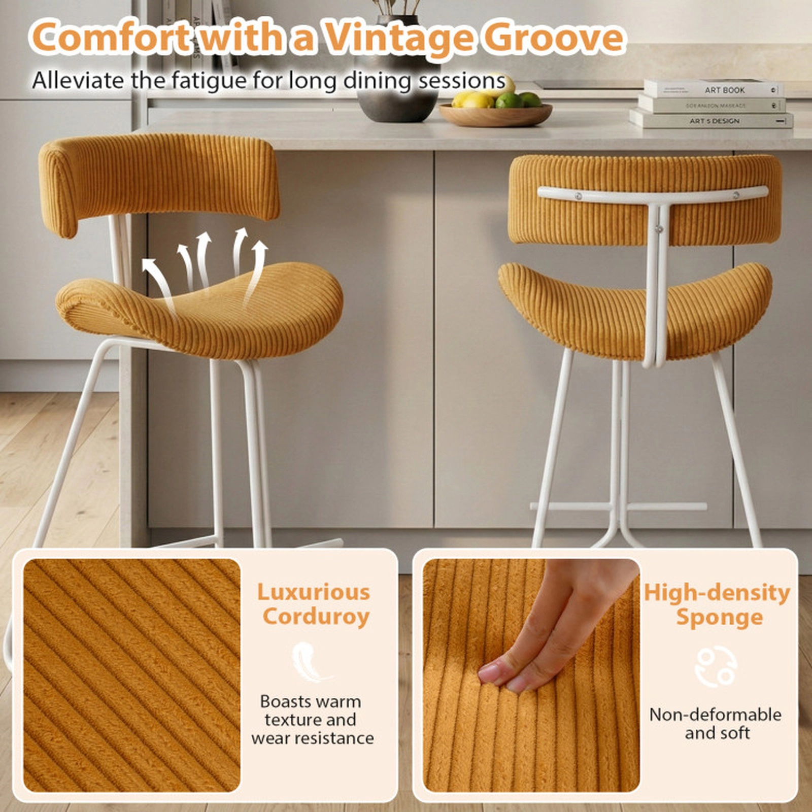SUGIFT Orange Corduroy Padded Seat Set of 2 Counter Height 25 Inch Armless Bar Stools
