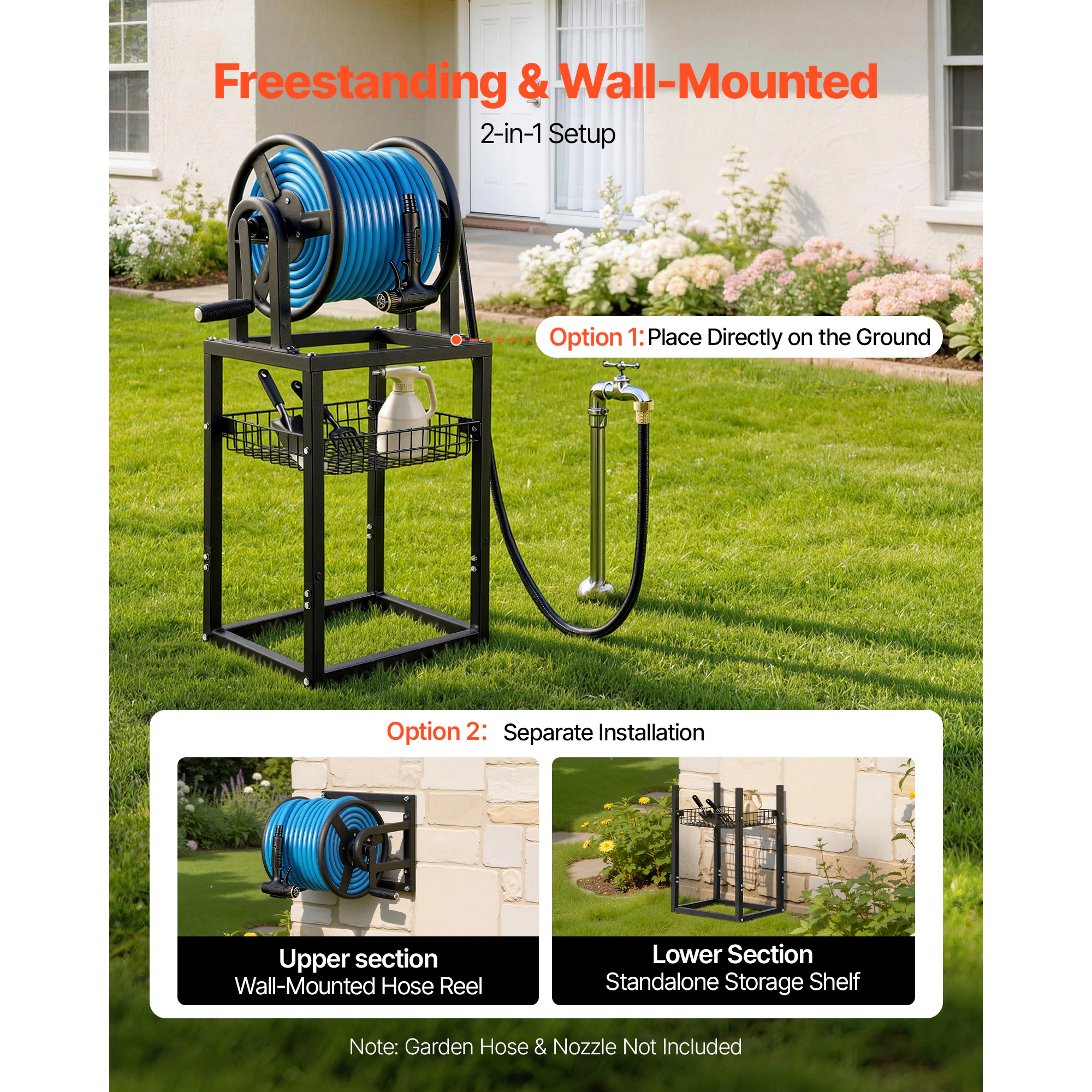 HONGGE Freestanding Garden Hose Reel, Holds 125 ft of 5/8-inch Hose, Wall or Ground Mount, 4-Spike Base