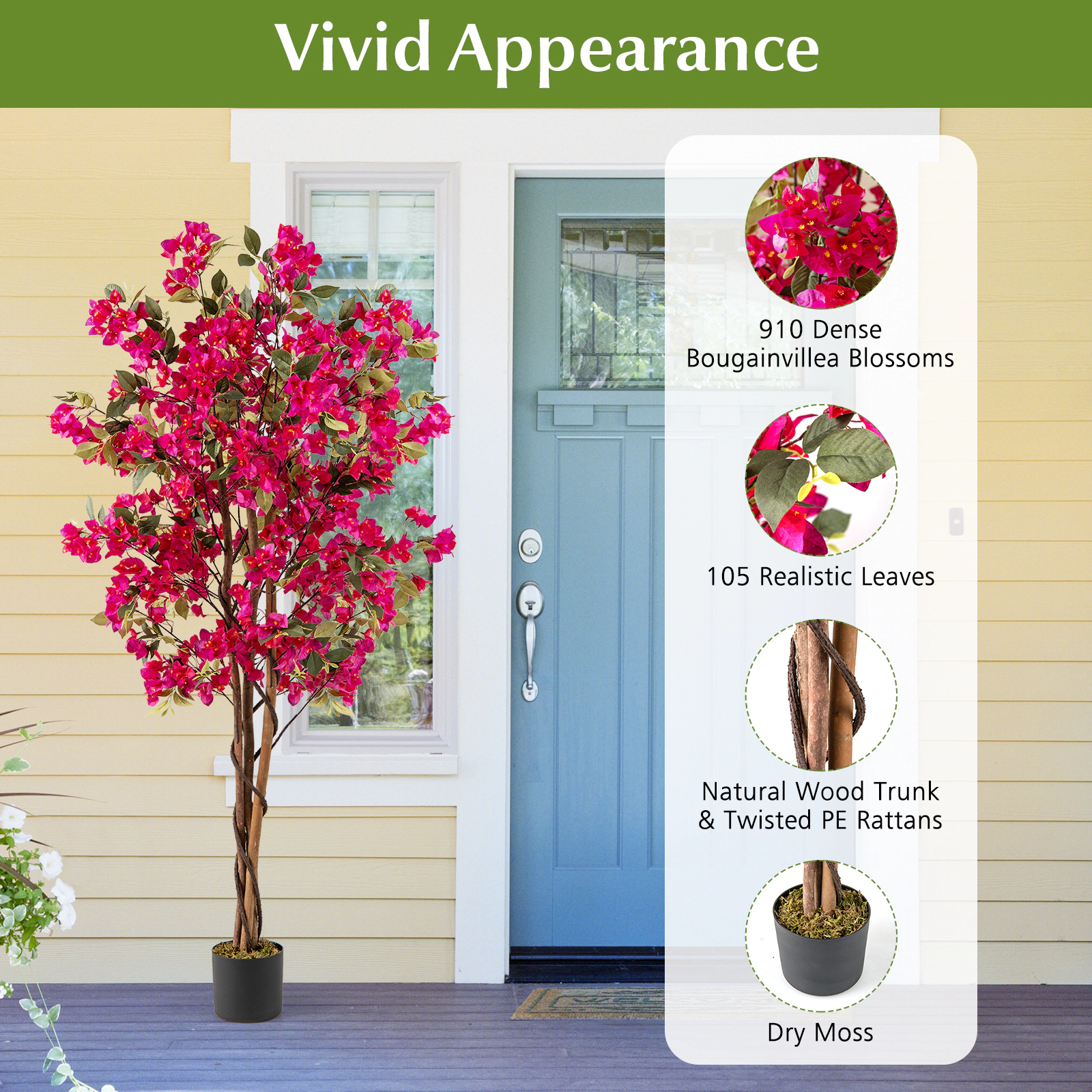SUGIFT 6-ft Tall 910-Flower Faux Bougainvillea Artificial Tree with Weighted Cement-Filled Planter