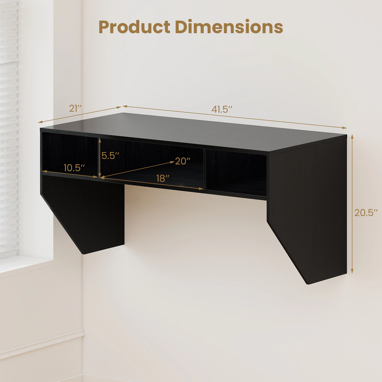 SUGIFT Wall-Mounted Floating Computer Desk with 3 Storage Compartments 45-Lb Tabletop Capacity 35-Lb Cube Capacity Black