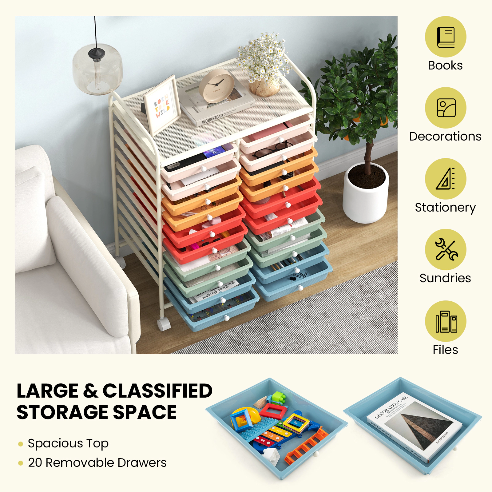 SUGIFT 20-Drawer Rolling Storage Cart with Removable Drawers Steel Frame Top Shelf and Lockable Wheels