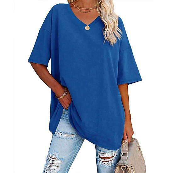 Enchanted Funland Womens V‑Neck Drop Shoulder Oversized Side Slit Short Sleeve Tops
