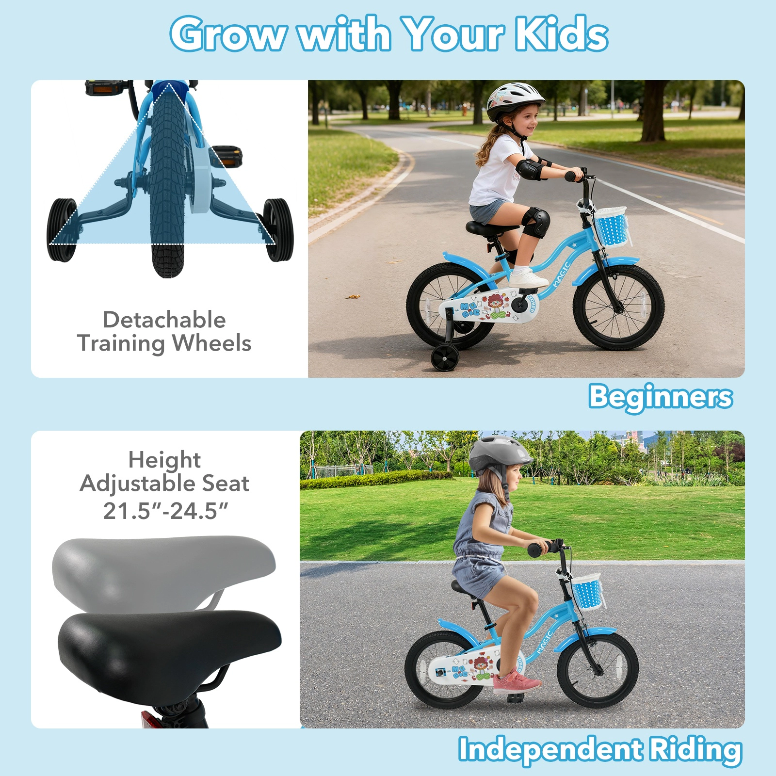 SUGIFT Adjustable 16-in Kids Bike with Training Wheels, Hand Brake and Basket 110-lb Capacity Ages 4-7 Years Navy