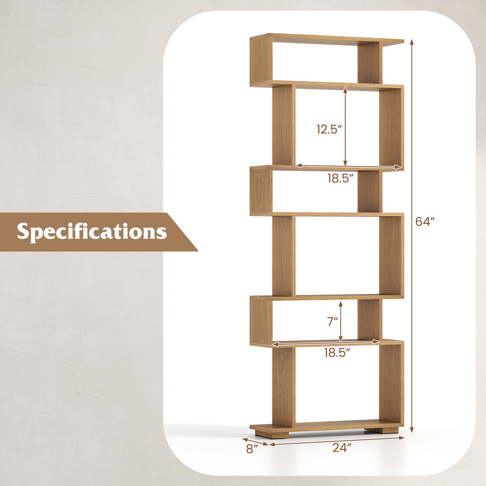 SUGIFT 6-Tier Geometric Bookshelf 22-lb Bottom Capacity with Anti-Tipping Kits Natural for Home Office