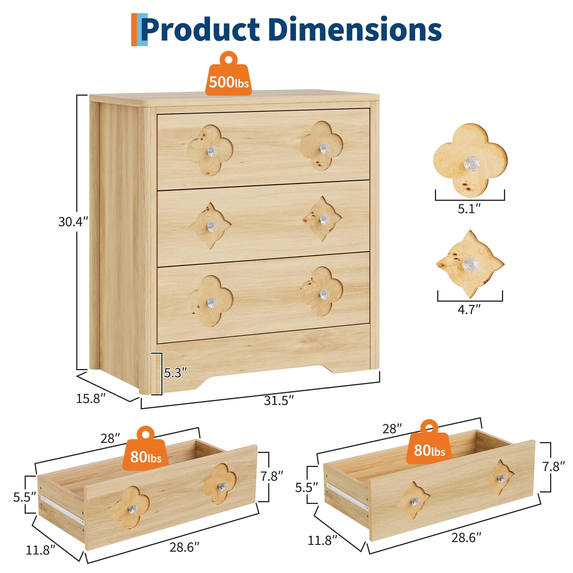 30.4" Tall 3 Drawer Wood Dresser with Decorative Fronts & Crystal Knobs, Bedroom Storage Chest