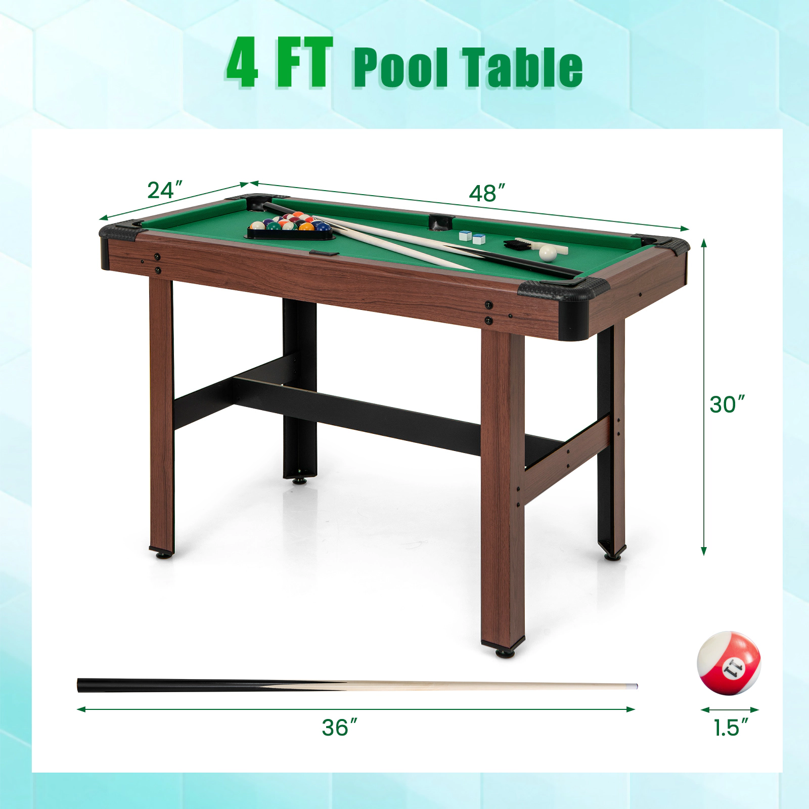SUGIFT Green Wooden Pool Billiard Table with Full Ball Set and 36-in Cue Sticks 48-in W 24-in D 30-in H