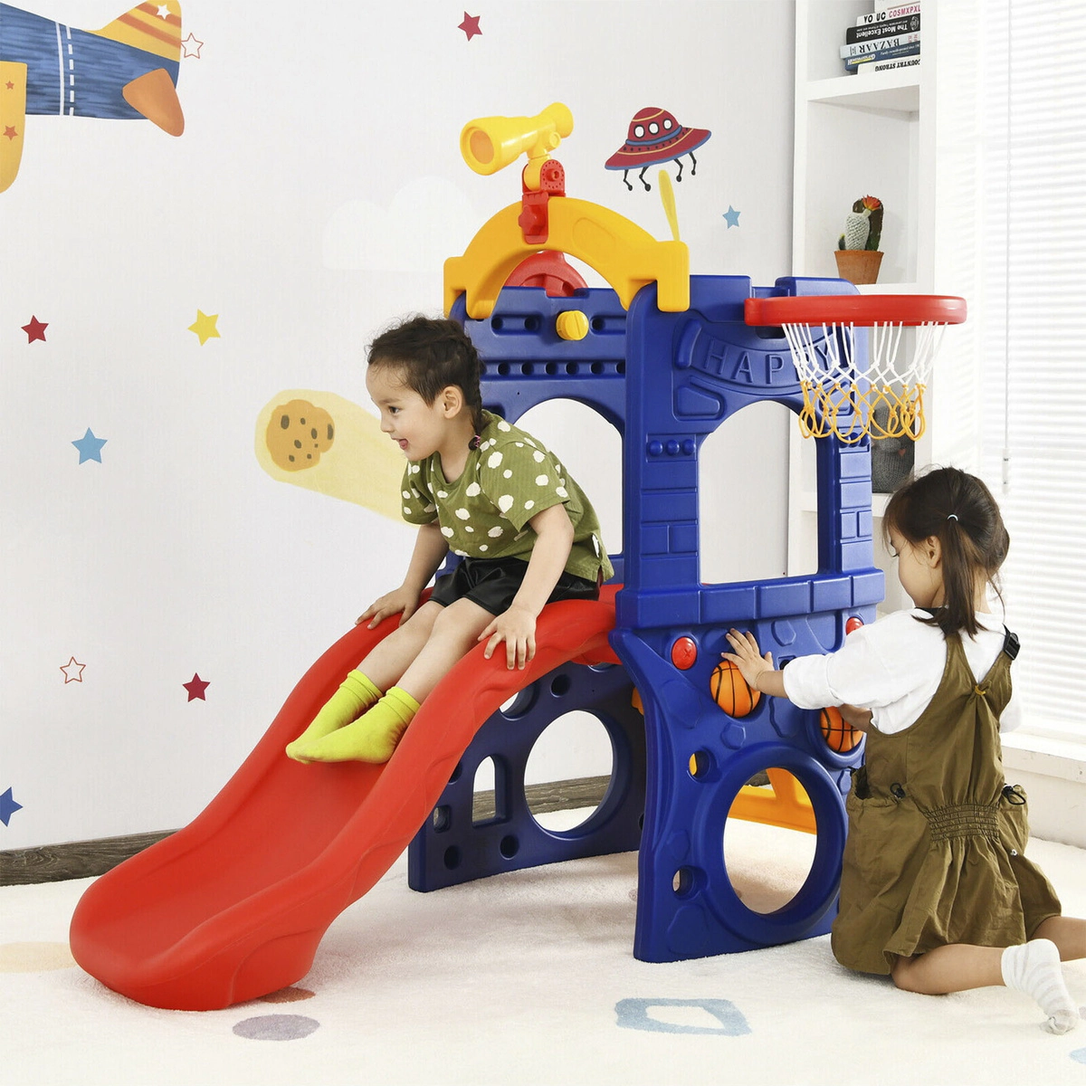 SUGIFT 6-in-1 Freestanding Kids Climber Slide with Basketball Hoop & Ring Toss 110-lb Capacity Ages 3-8 As Picture Shows