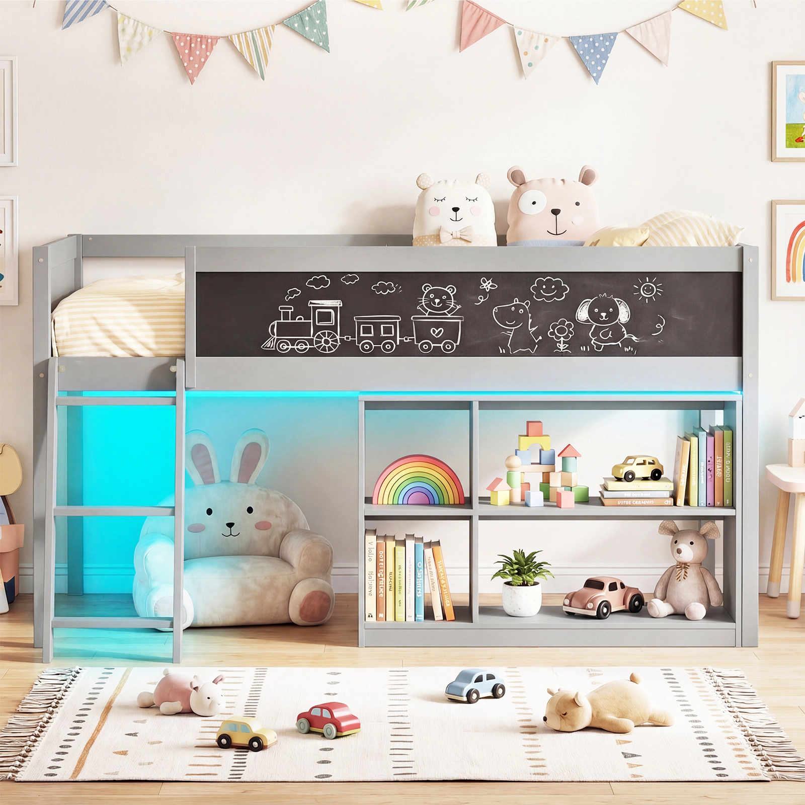 Costway Kids Loft Bed w/LED Lights Chalkboard & Removable Bookcase Safety Guardrail White