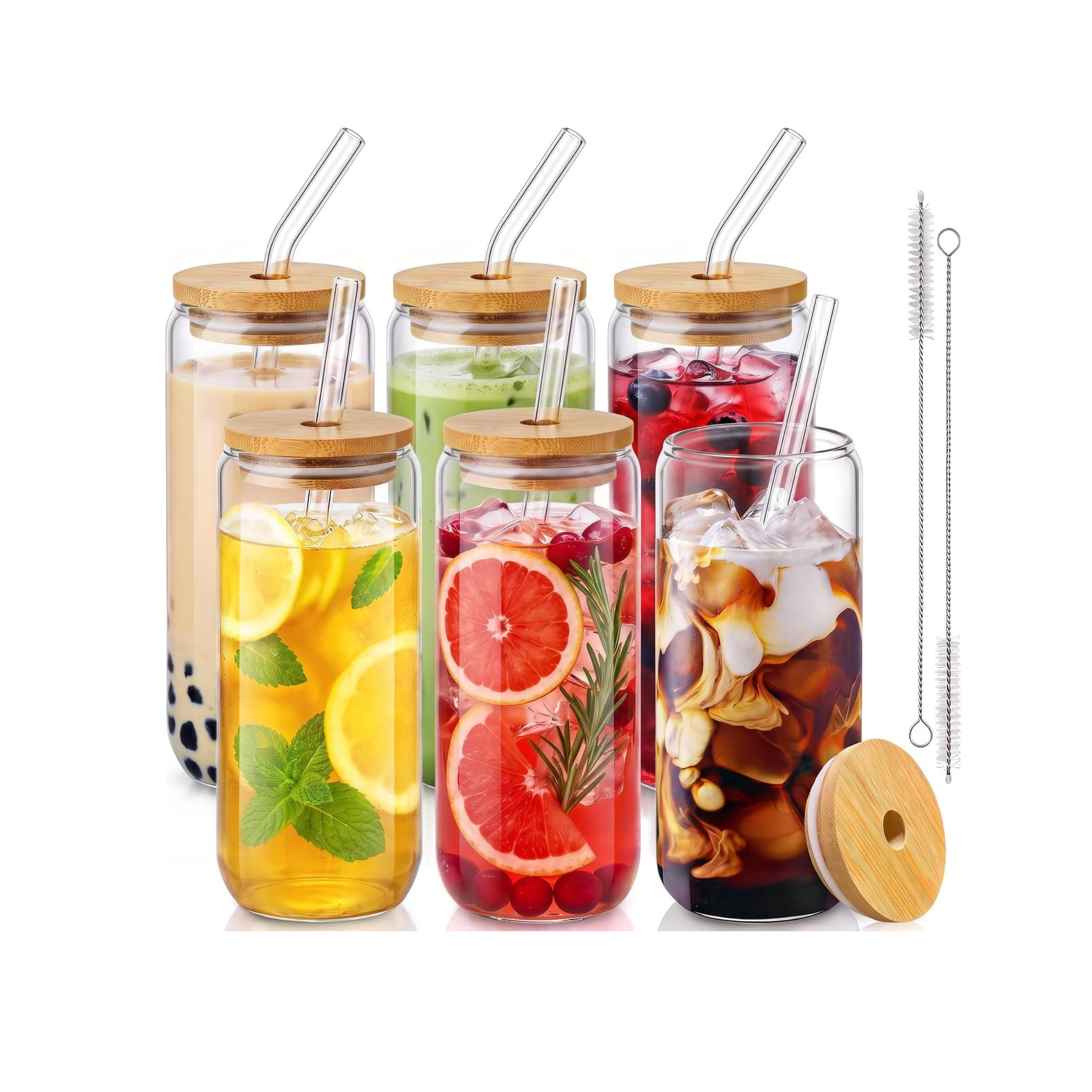 Stock Preferred Pack of 6 Clear Drinking Glasses with Bamboo Lids and Straws 20 Oz