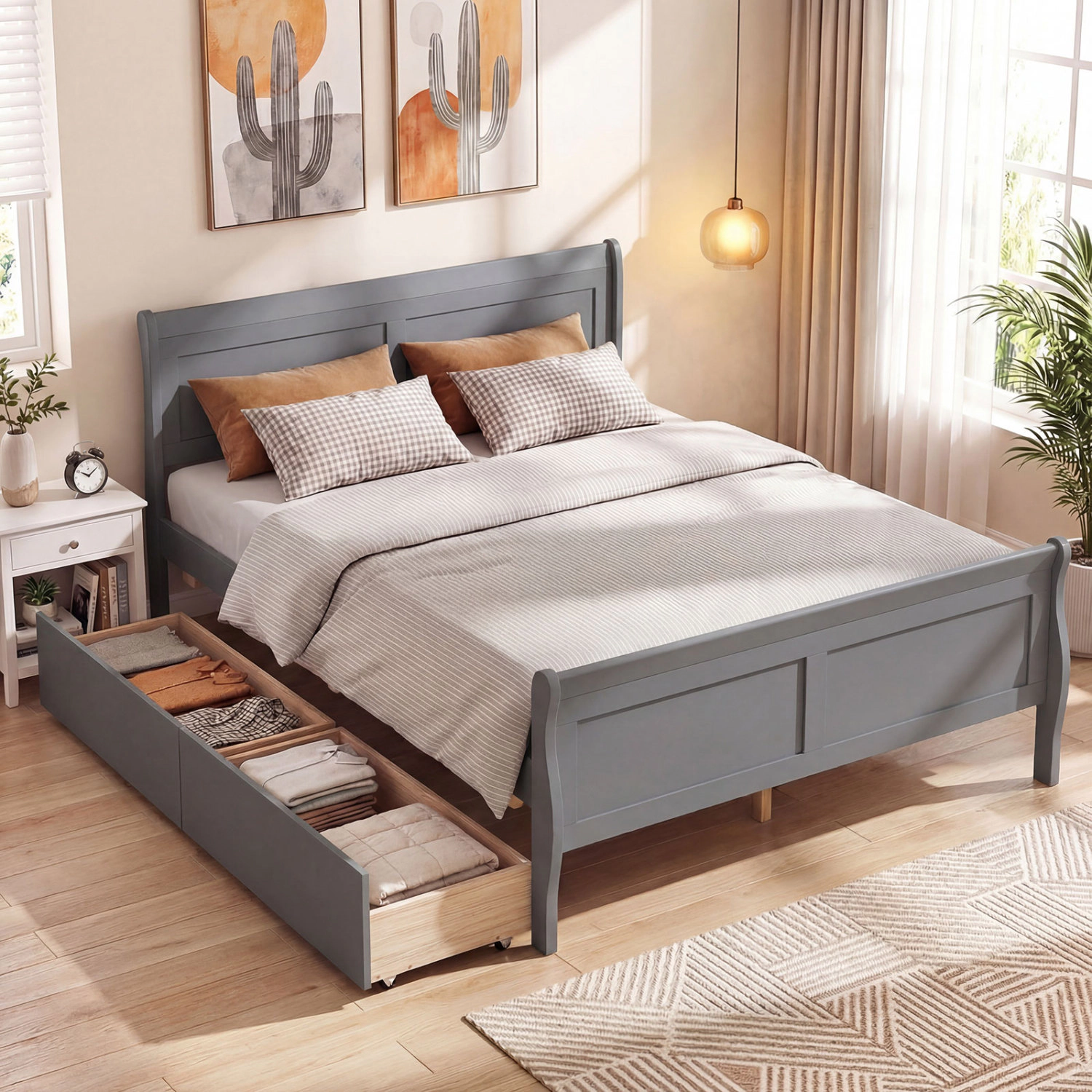 LJG Full Bed Frame with 2 Storage Drawers and Footboard for Kids Teens Adults