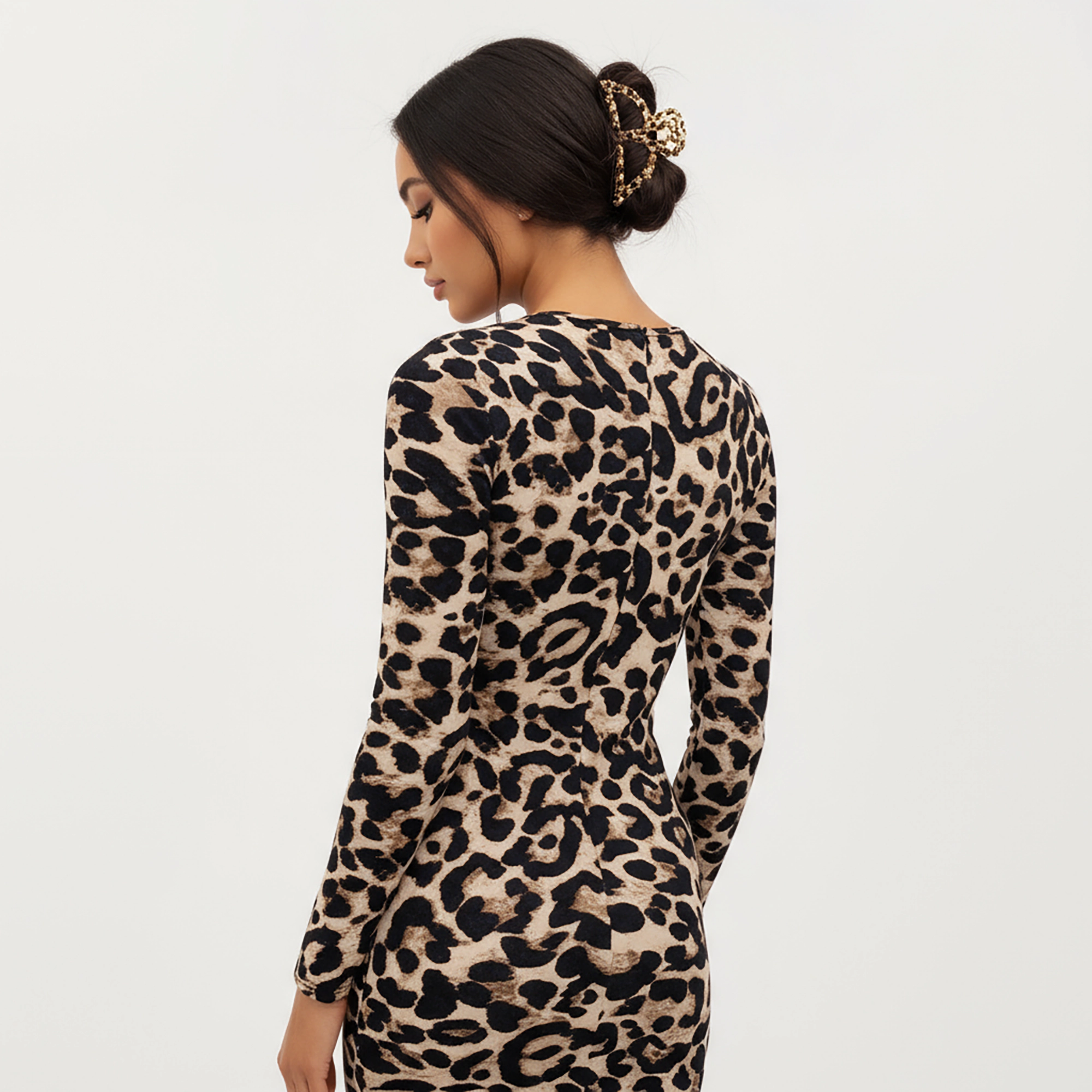 Anna-Kaci Women's Long Sleeve Leopard Print Bodycon Crew Neck Stretch Fit Midi Dress