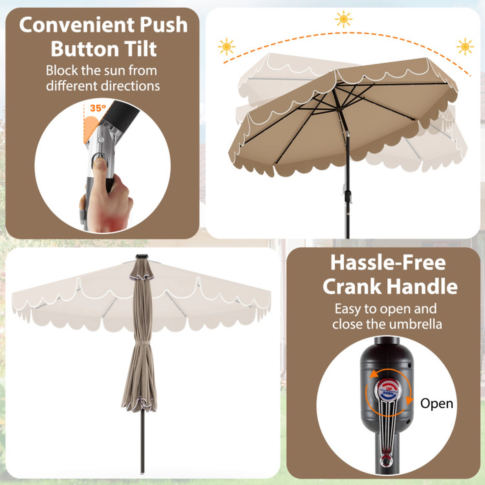 SUGIFT Solar Patio Umbrella with 24 LED Lights 10-ft Coffee