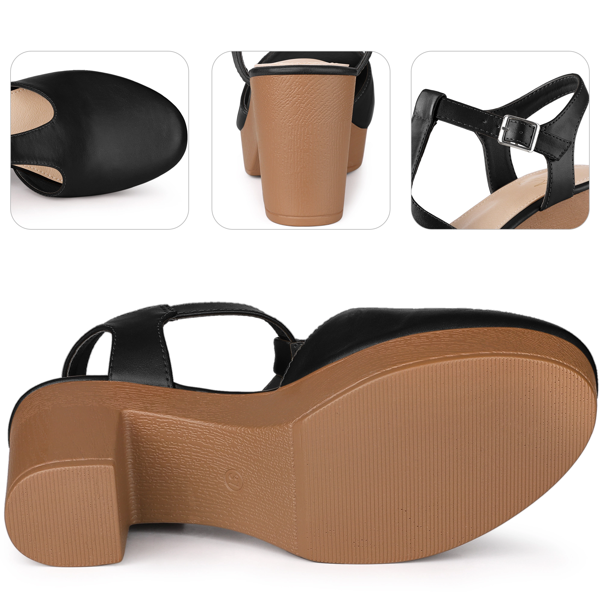 BLISSFUL STEP Women's T-Strap Chunky Heels Round Toe Platform Sandals