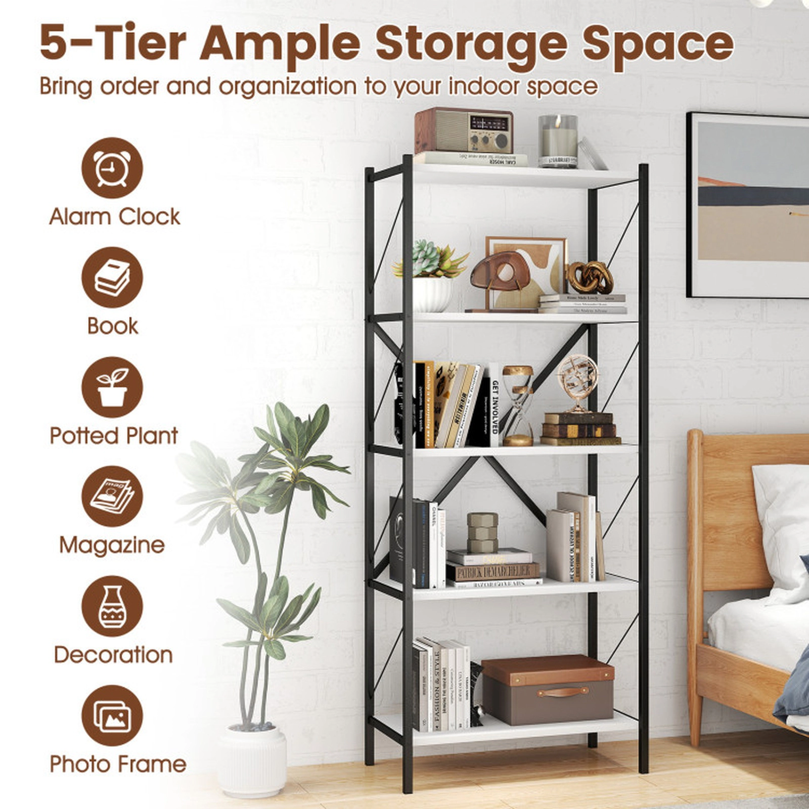 SUGIFT 5-Tier White 62-in Tall Industrial Bookshelf with Heavy-Duty Metal Frame and 4-in Clearance