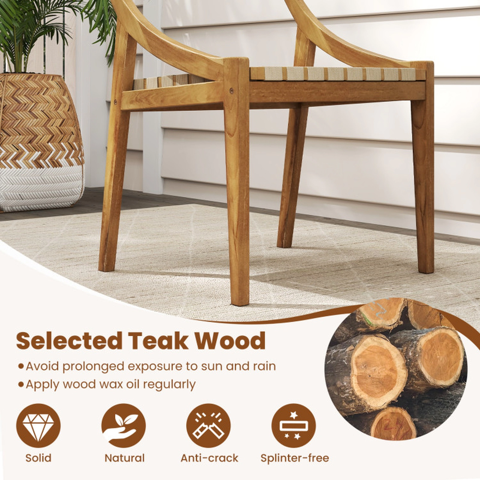 SUGIFT Set of 4 Teak Wood PP Webbing Seat Outdoor Dining Chairs 21-in x 20.5-in x 33-in 300-lb Capacity Natural