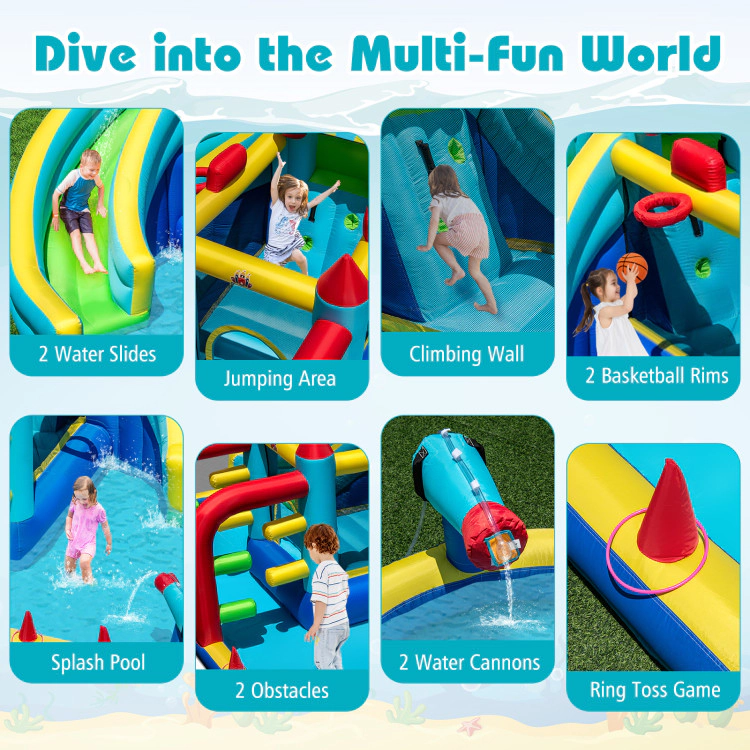 Hivvago Inflatable Double Water Slide Park with Obstacle Course and Basketball Hoops