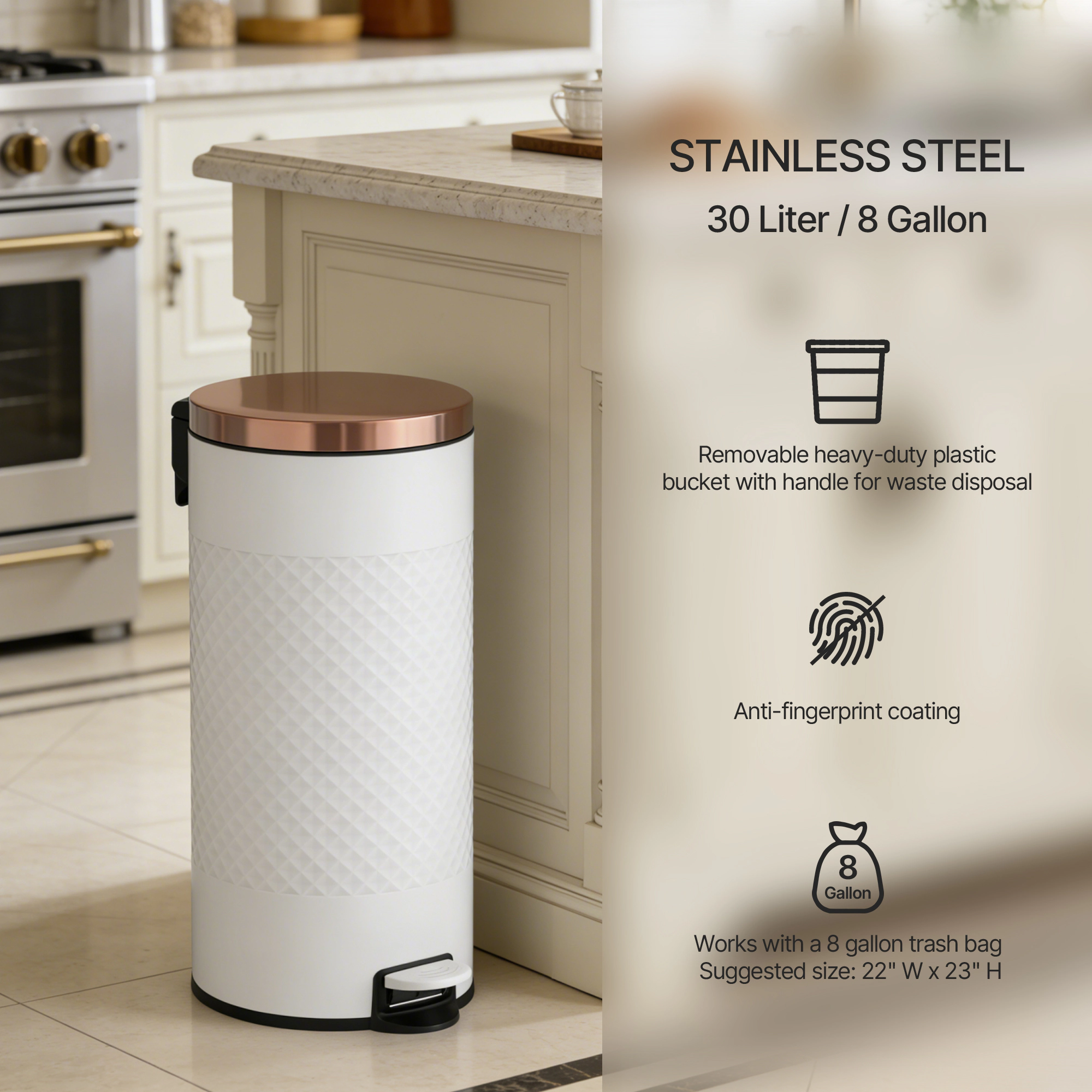 Innovaze 8 Gal./30 Liter Round Shape Step-on Trash Can with Diamond Body Design for Kitchen