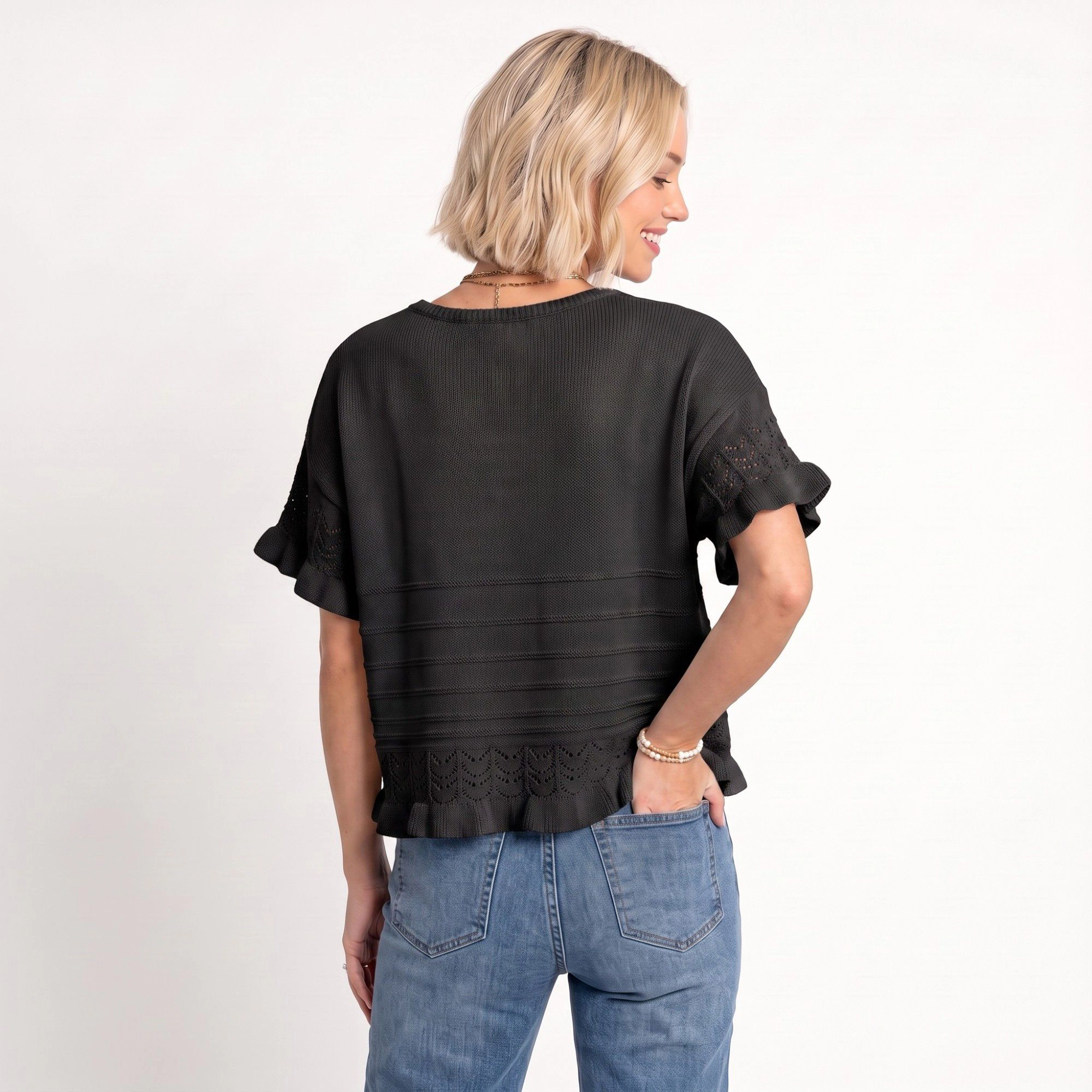 Anna-Kaci Women's Textured Knit Lace Ruffle Hem Short Sleeve Sweater Blouse