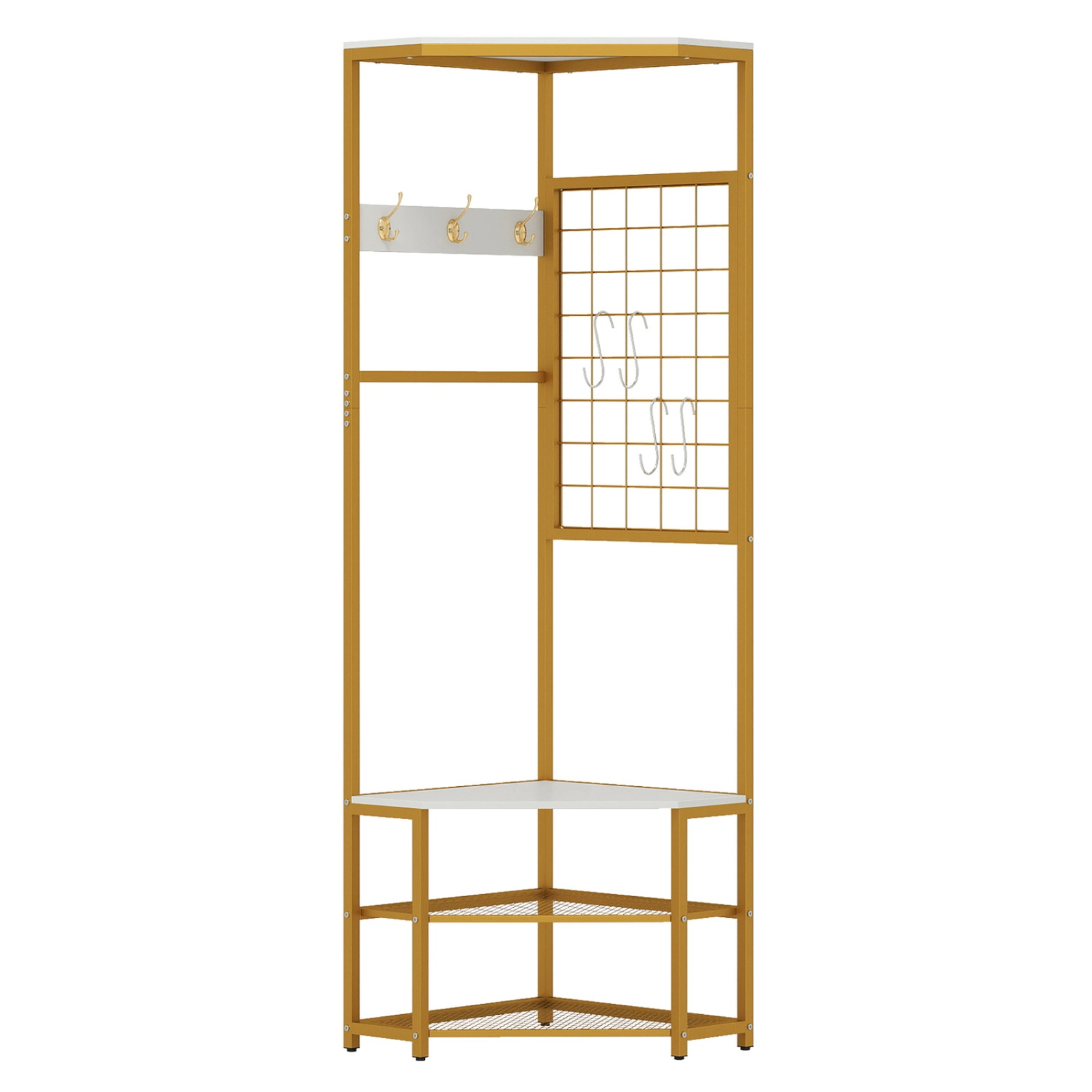 SUGIFT Right-Angle Corner Hall Tree Freestanding Coat Rack with Storage Shelves & Removable Hooks 220-lb Capacity White