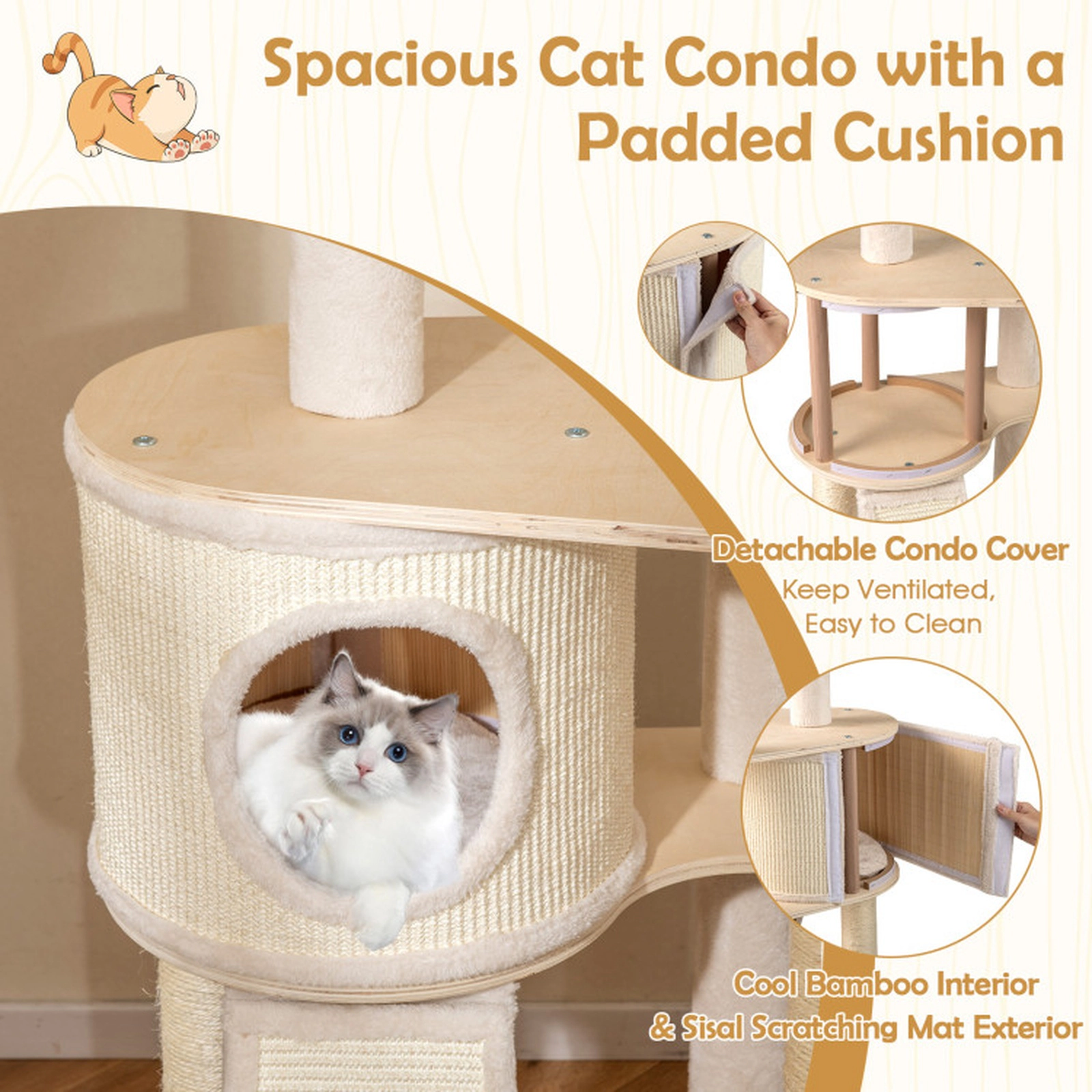 SUGIFT 56-in Natural Birch Plywood Cat Tree with Washable Condo Cover 20-in Padded Perch and Ladder
