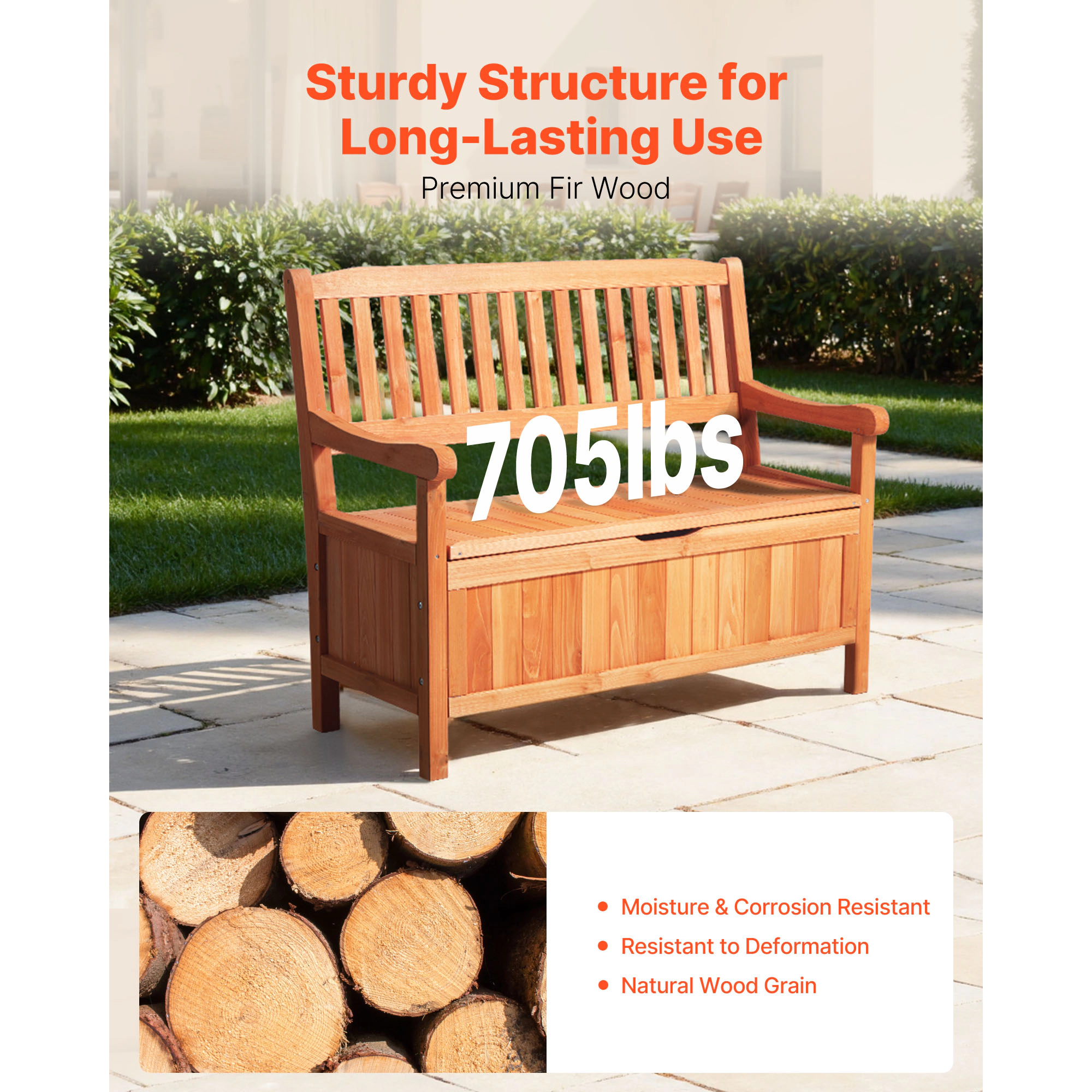 HONGGE 33 Gallon Outdoor Wood Storage Bench, 2-Person Deck Box with Side Handle, Supports 705 lbs, Natural Wood