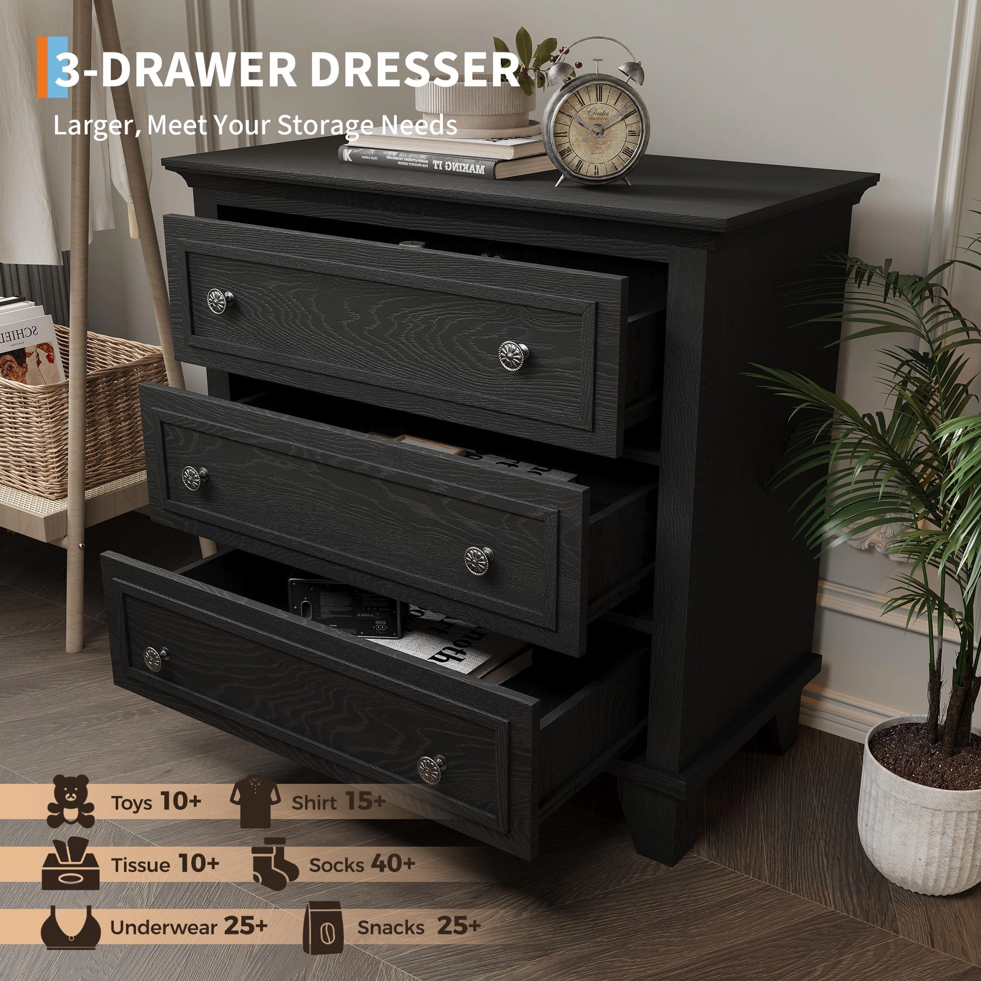 3 Drawer Dresser, Wooden Storage Chest with Metal Handles, Modern Design for Bedroom & Living Room