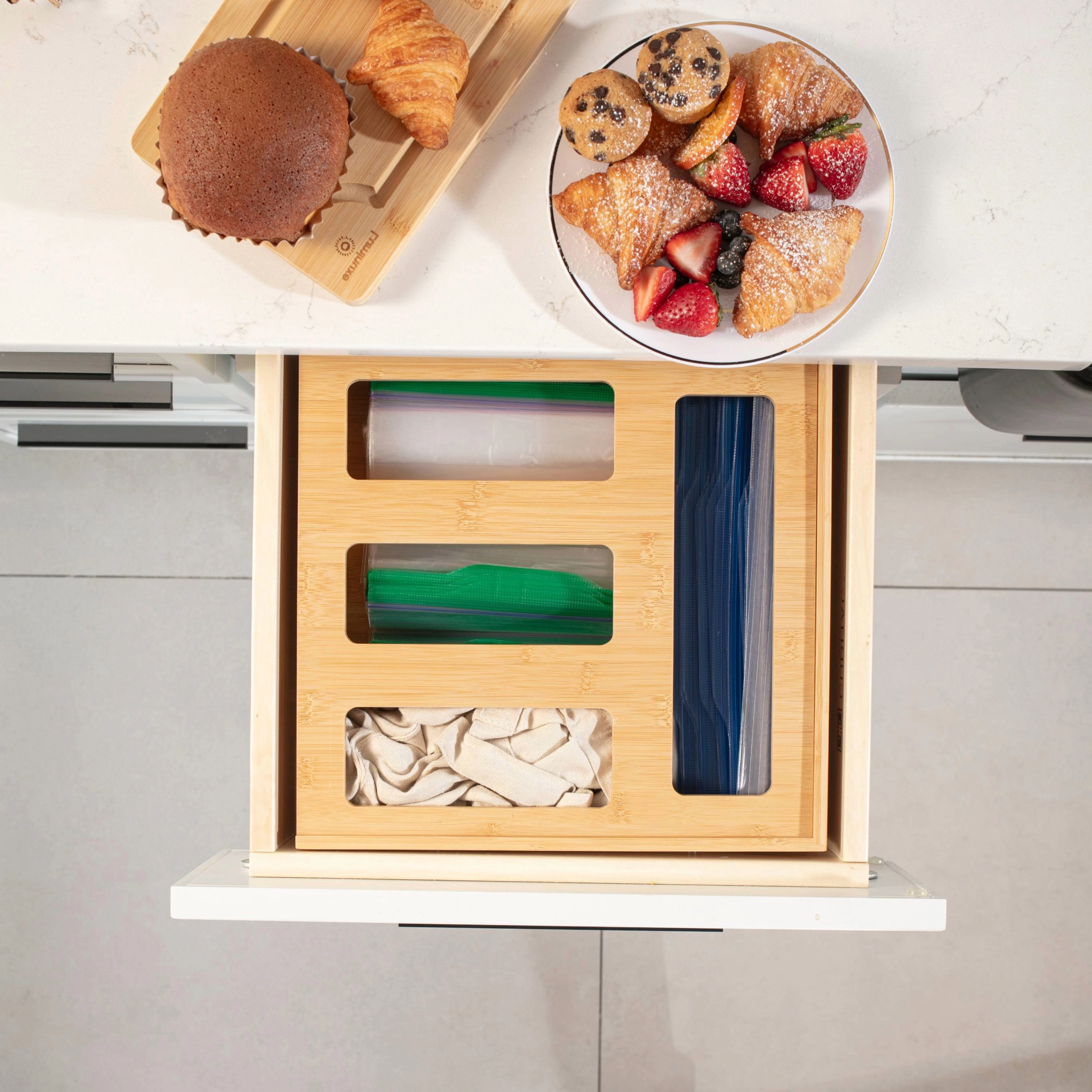 Luminuxe Bamboo Food Bag Storage Organizer, Durable Non‑Slip Kitchen Drawer Dispenser for Gallon, Quart Sandwich & Snack