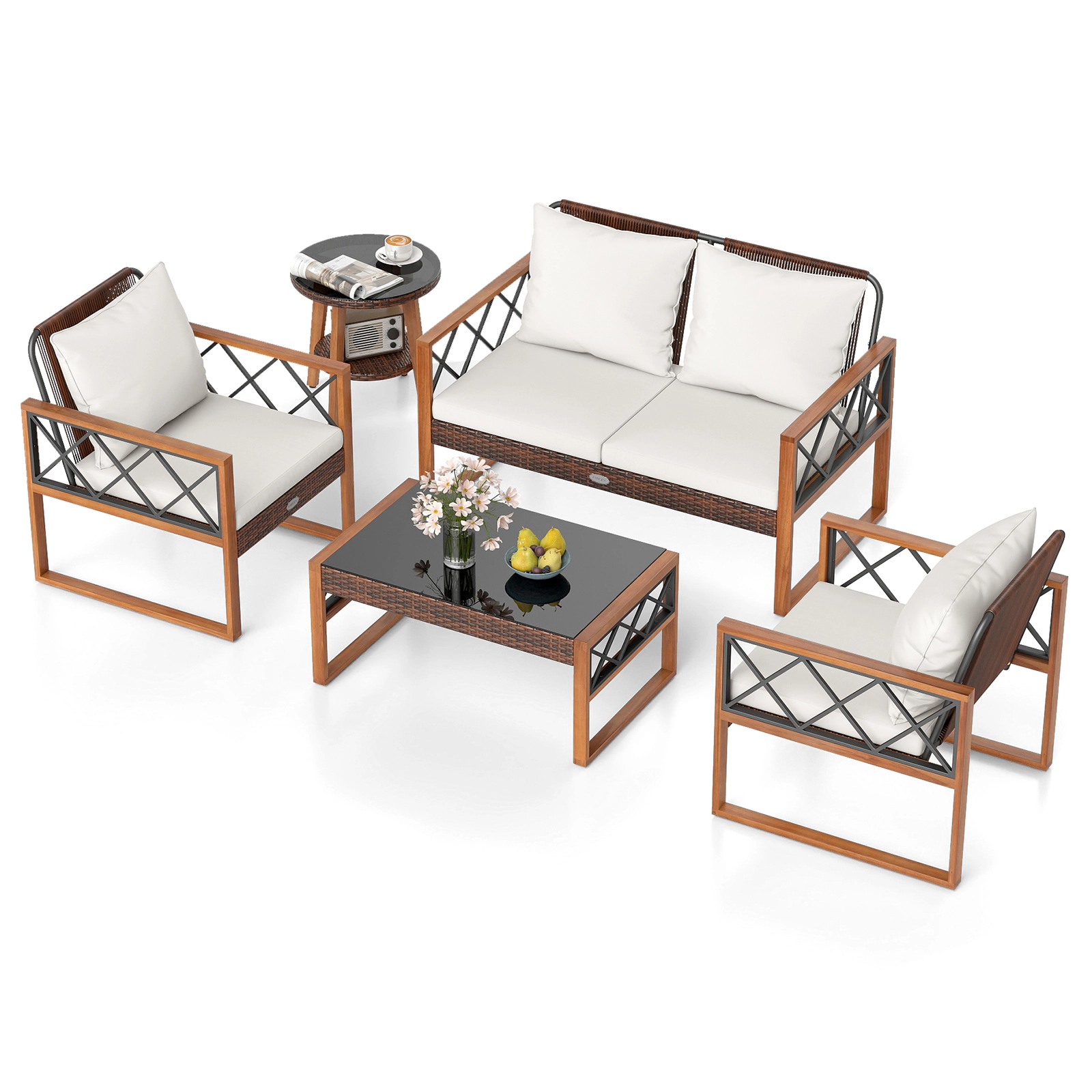 LJG 5 Pieces PE Wicker Patio Furniture Set with Acacia Wood Frame
