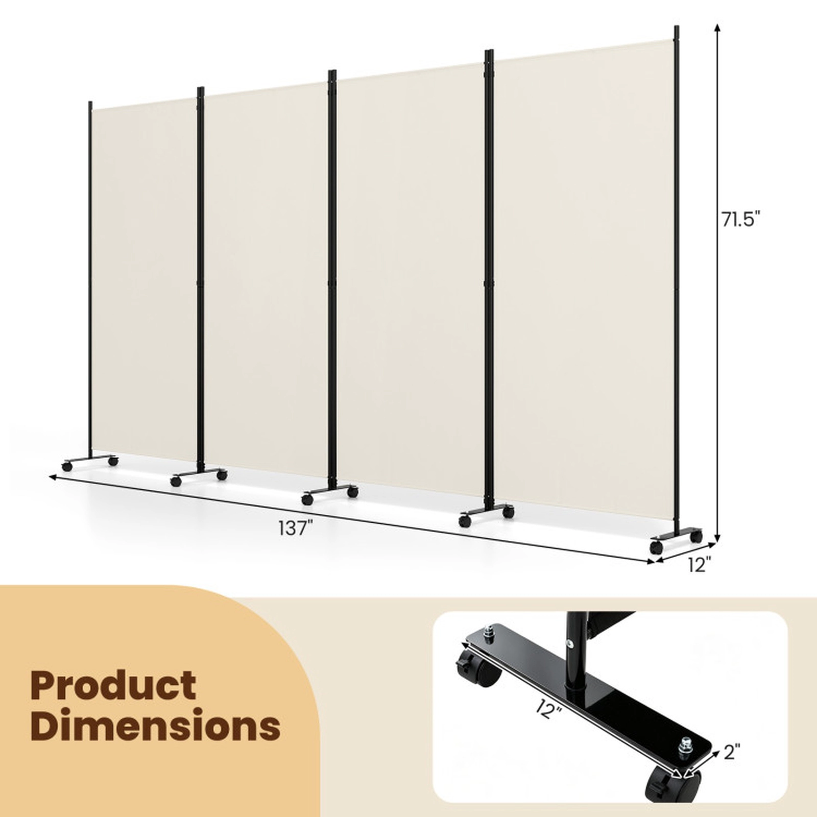 SUGIFT 4-Panel Connection Buckle Metal Frame Stable Base Folding Room Divider 137-in x 12-in x 71.5-in 22-lb White