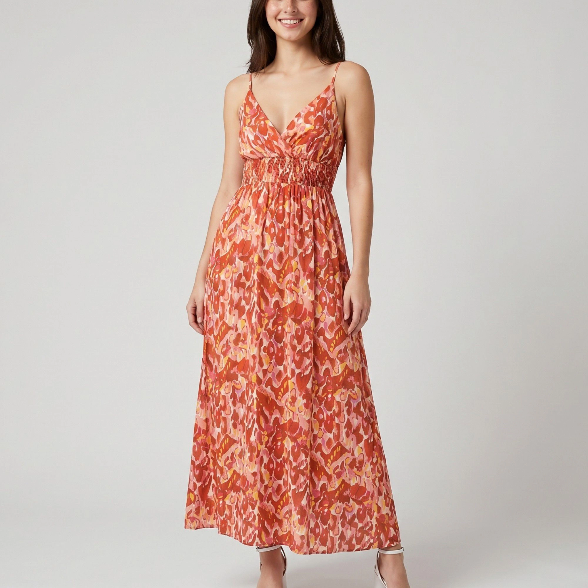 Anna-Kaci Women's Abstract Floral Print Smocked Waist Spaghetti Strap V-Neck Surplice Bodice Maxi Dress