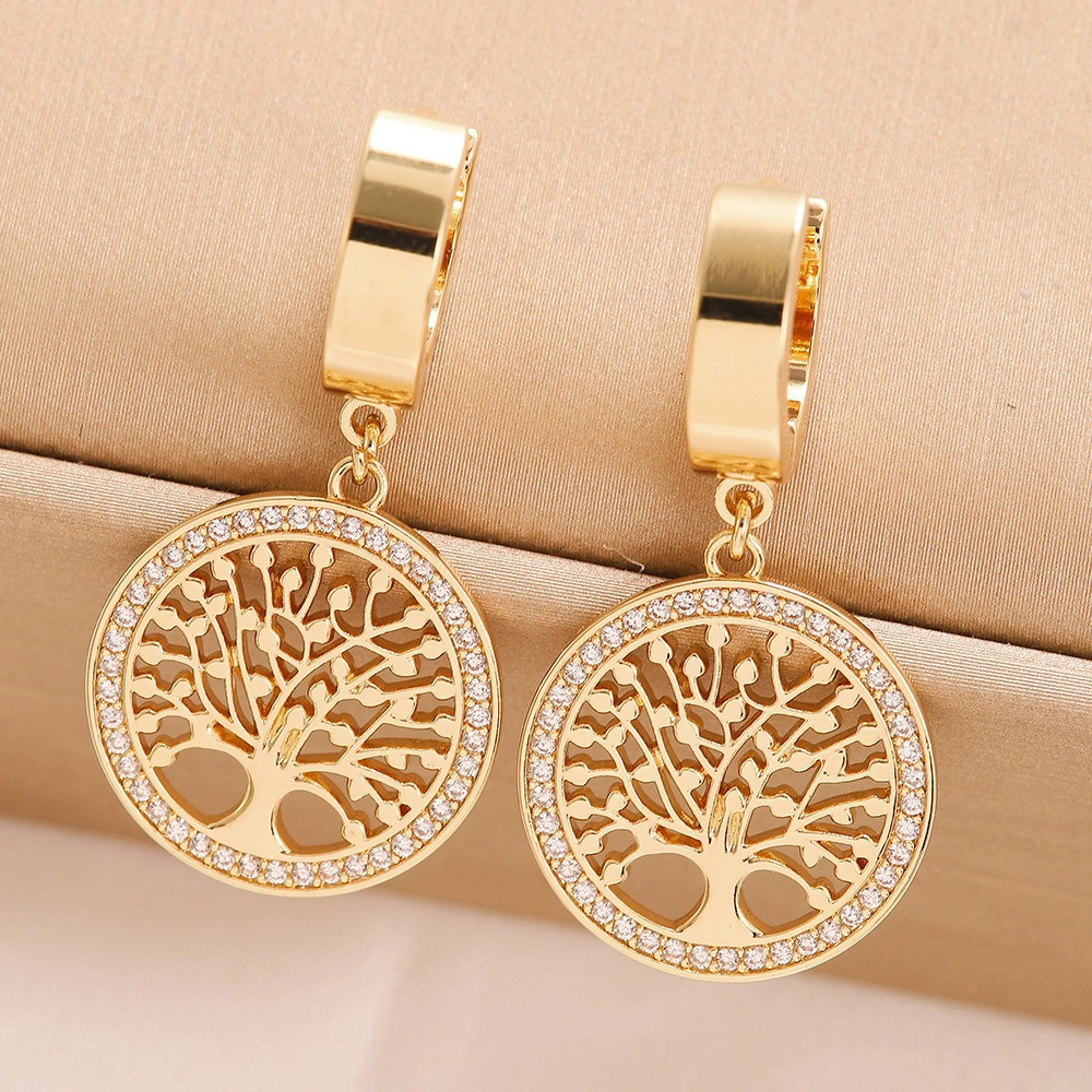 Hollow Tree of Life Cubic Zirconia Hoop Drop Earring