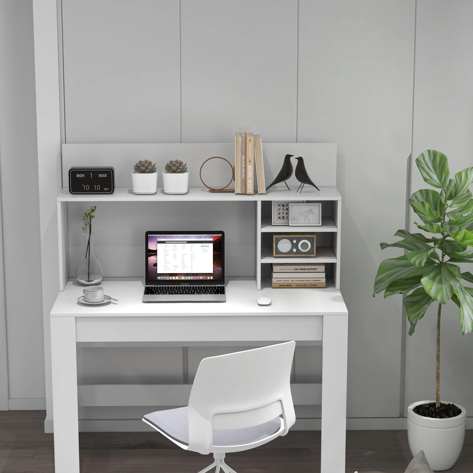 SUGIFT Writing Computer Desk Bookshelf 100-lb Desktop Capacity Anti-Tipping Kits Cable Management Hole Rustic Oak White