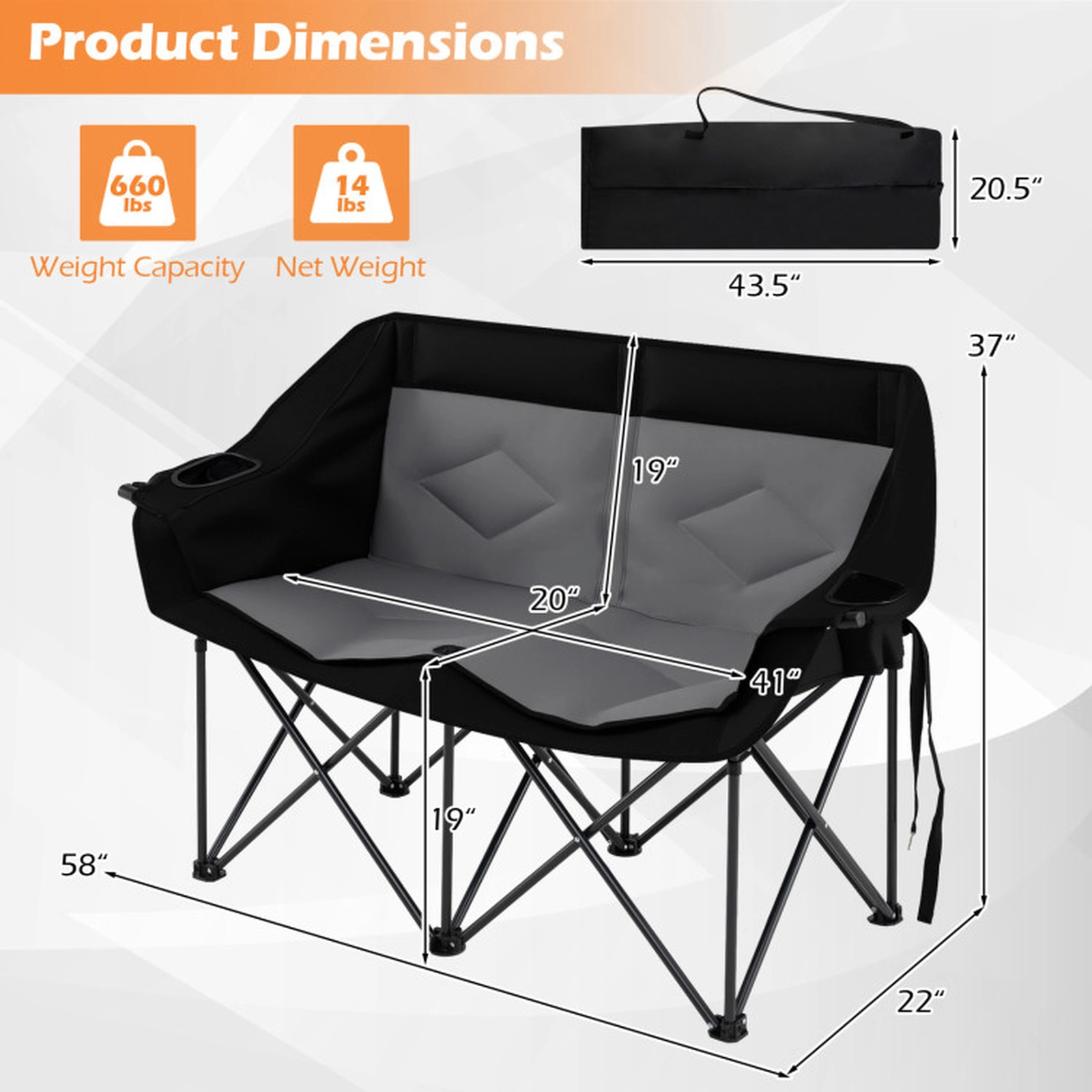 SUGIFT Dark Gray Double Camping Chair with Cup Holders and Glass Racks 58-in W 22-in D 37-in H 660-lb Seat Capacity