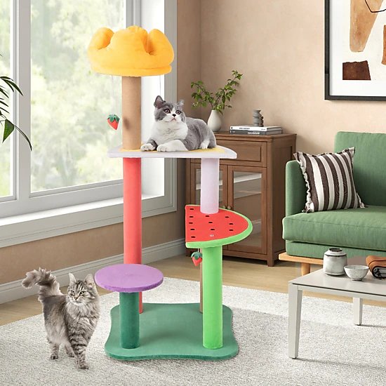 LJG 45 Inch Multi-Level Cat Tree with Plush Padded Top Perch and Fruit-Shaped Platforms