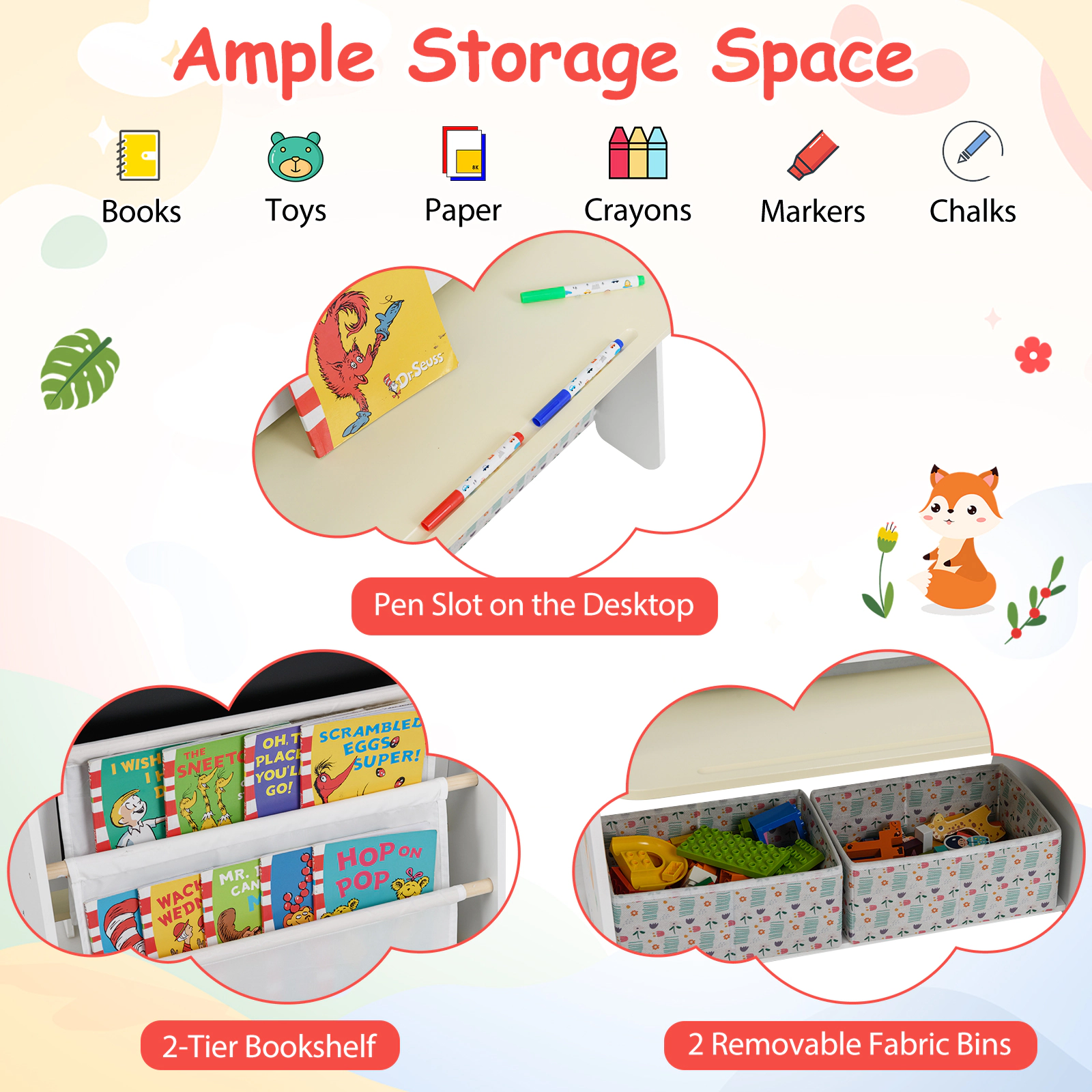 SUGIFT Natural Magnetic Whiteboard and Bookshelf Kids 4-in-1 Art Easel Table and Chair Set