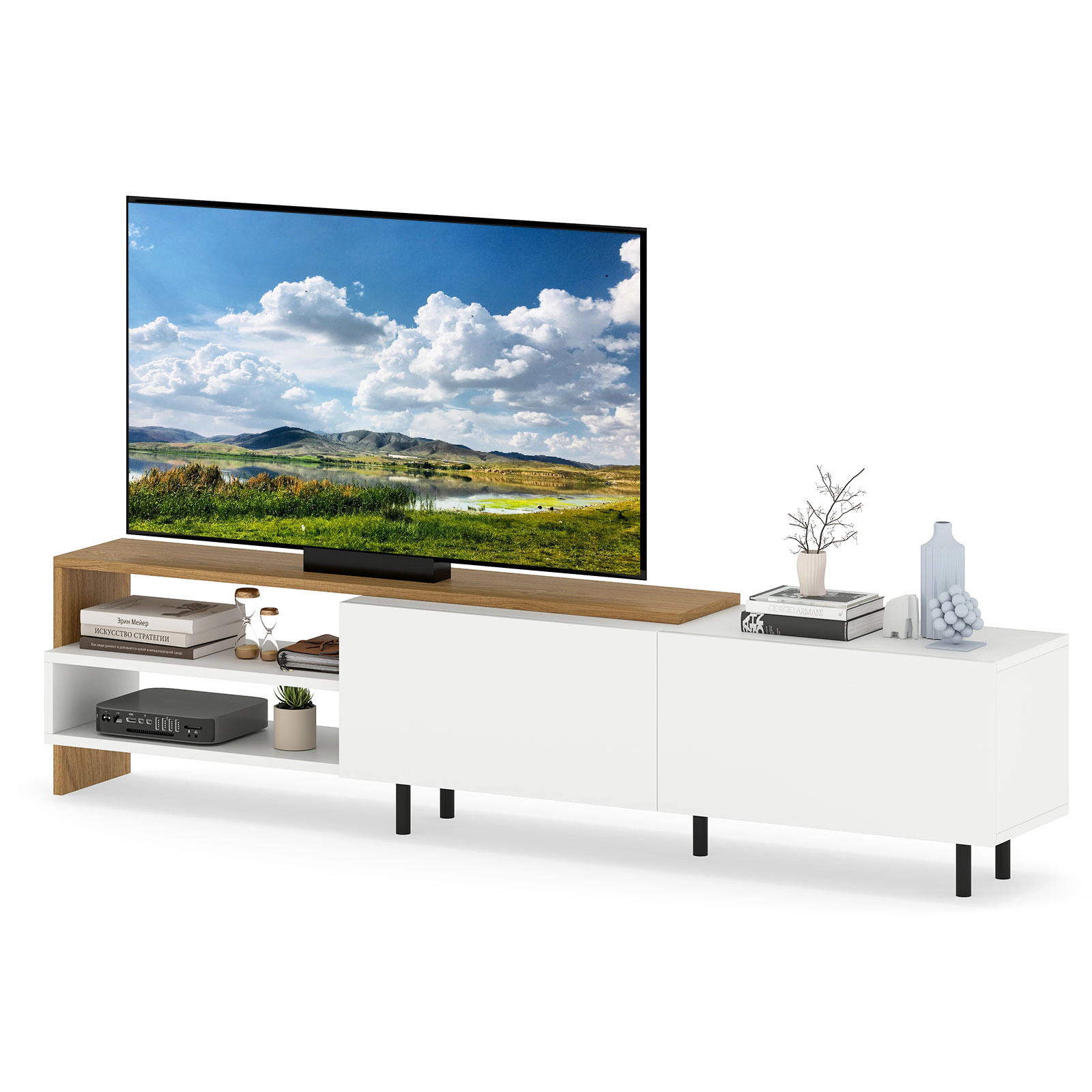 SUGIFT 71.5 in TV Stand White and Natural for 80 in TVs with Open Shelves and Cabinets